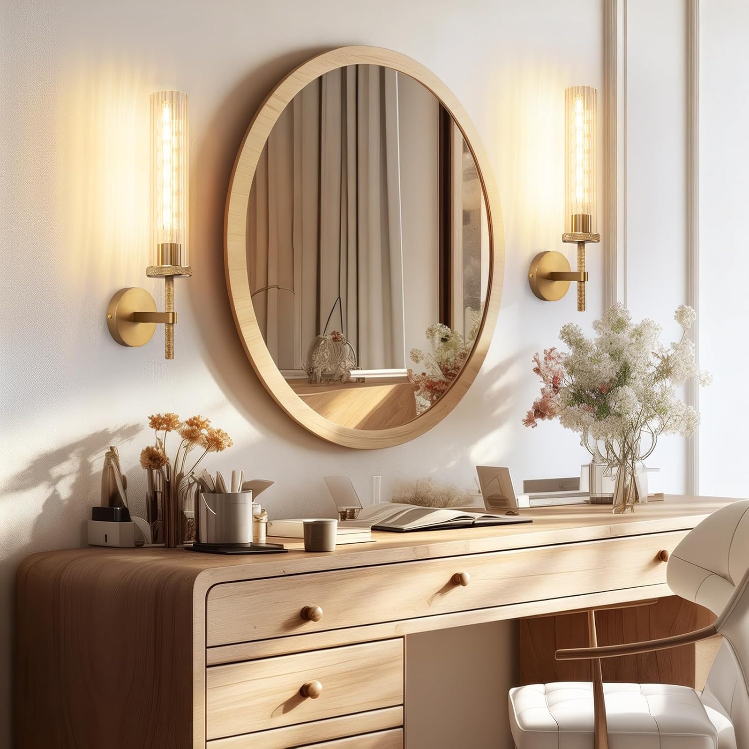 19.5' Knurled Gold Hardwired Wall Sconces Set of 2, Bathroom Vanity Light Fixtures with Vertical Striped Glass Tube, Modern Lamp Lighting for Bedroom, Living Room, Hallway, Staircase, Mirror, Kitchen