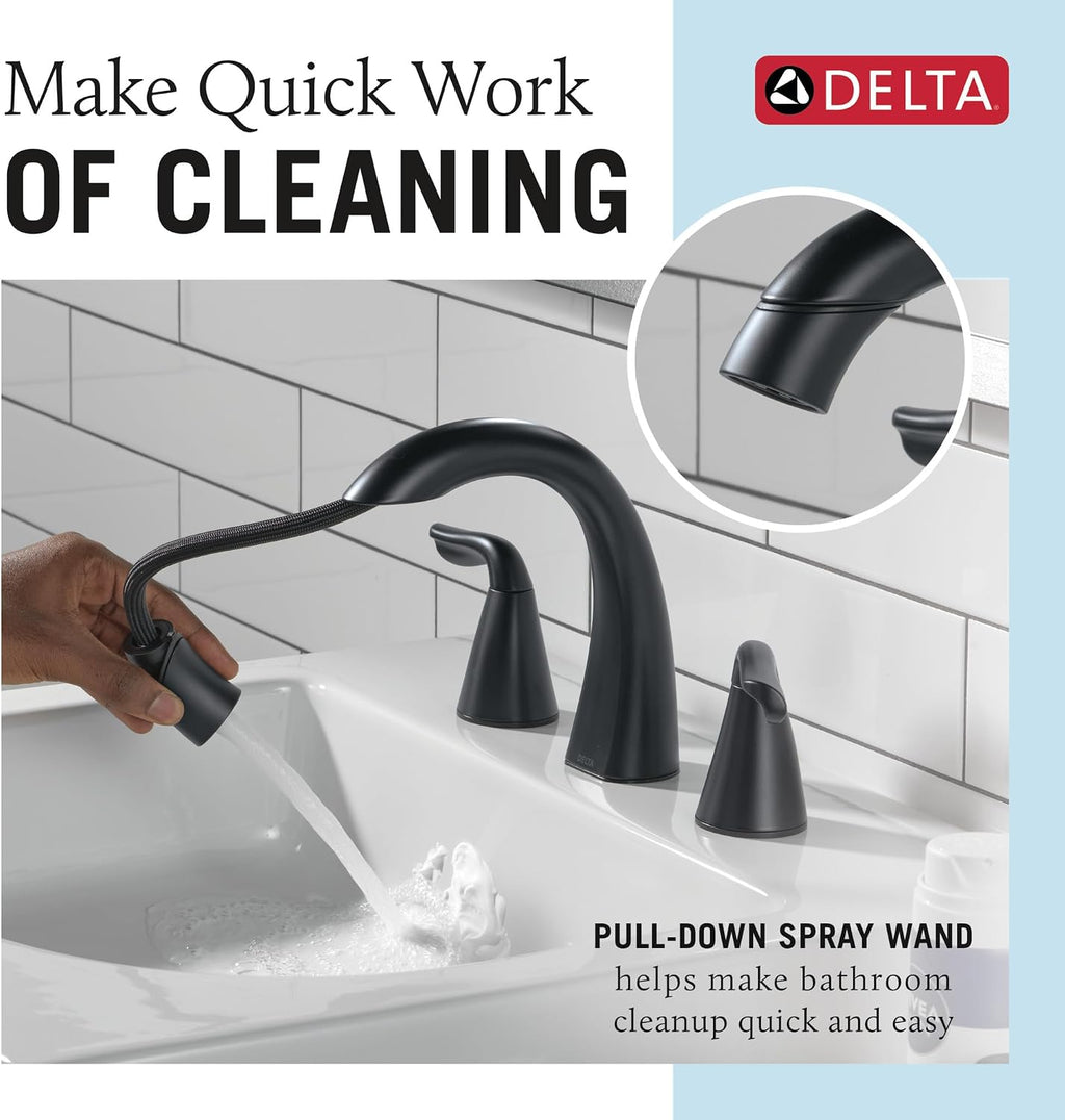 Delta Arvo Matte Black Bathroom Faucet with Sprayer, 8 Inch 3 Hole Widespread Bathroom Sink Faucet with Pull Out Sprayer, Push-Pop Drain, Matte Black 35840LF-BLPD