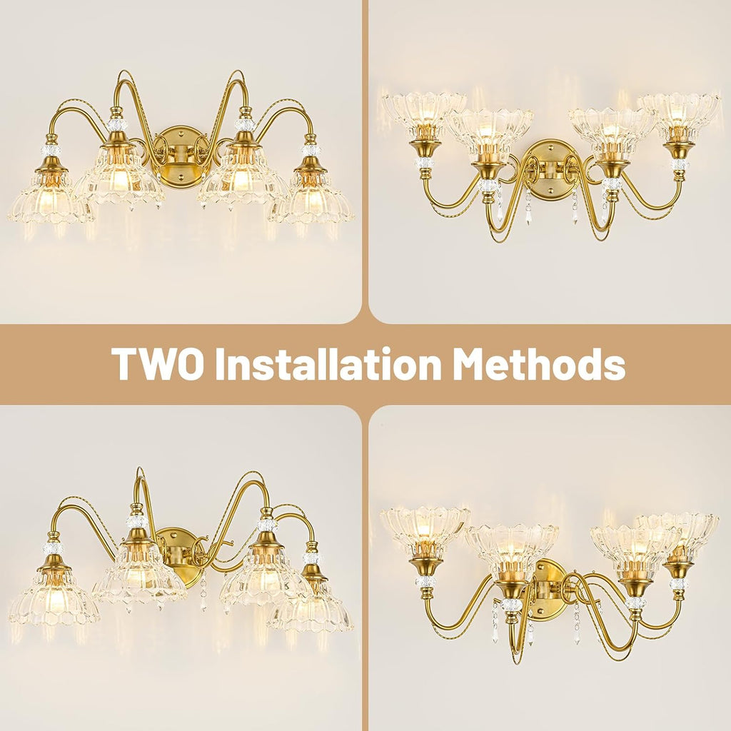 Vintage Bathroom Vanity Light, 4-Light Brushed Gold Finish Wall Sconce with Hanging Crystal Accents and Flower-Shaped Clear Glass Shades, Retro Wall Mount Vanity Light Over Mirror for Bathroom