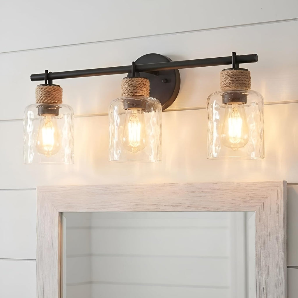 Quoizel Baltic 24' 3-Light Coastal Vanity Light, Matte Black with Clear Water Glass, ETL Damp Rated