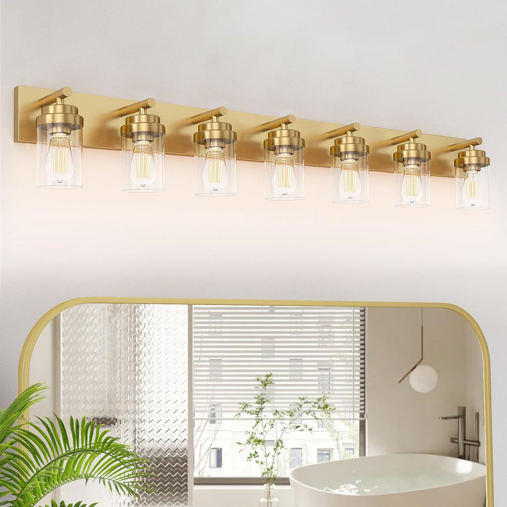 IZORRO Bathroom Vanity Light Fixture, 7-Light 52 inch Gold Bathroom Light Fixtures Over Mirror, with Clear Glass Shade, Modern Farmhouse Vanity Lights, Rustic Restroom Lighting Fixtures