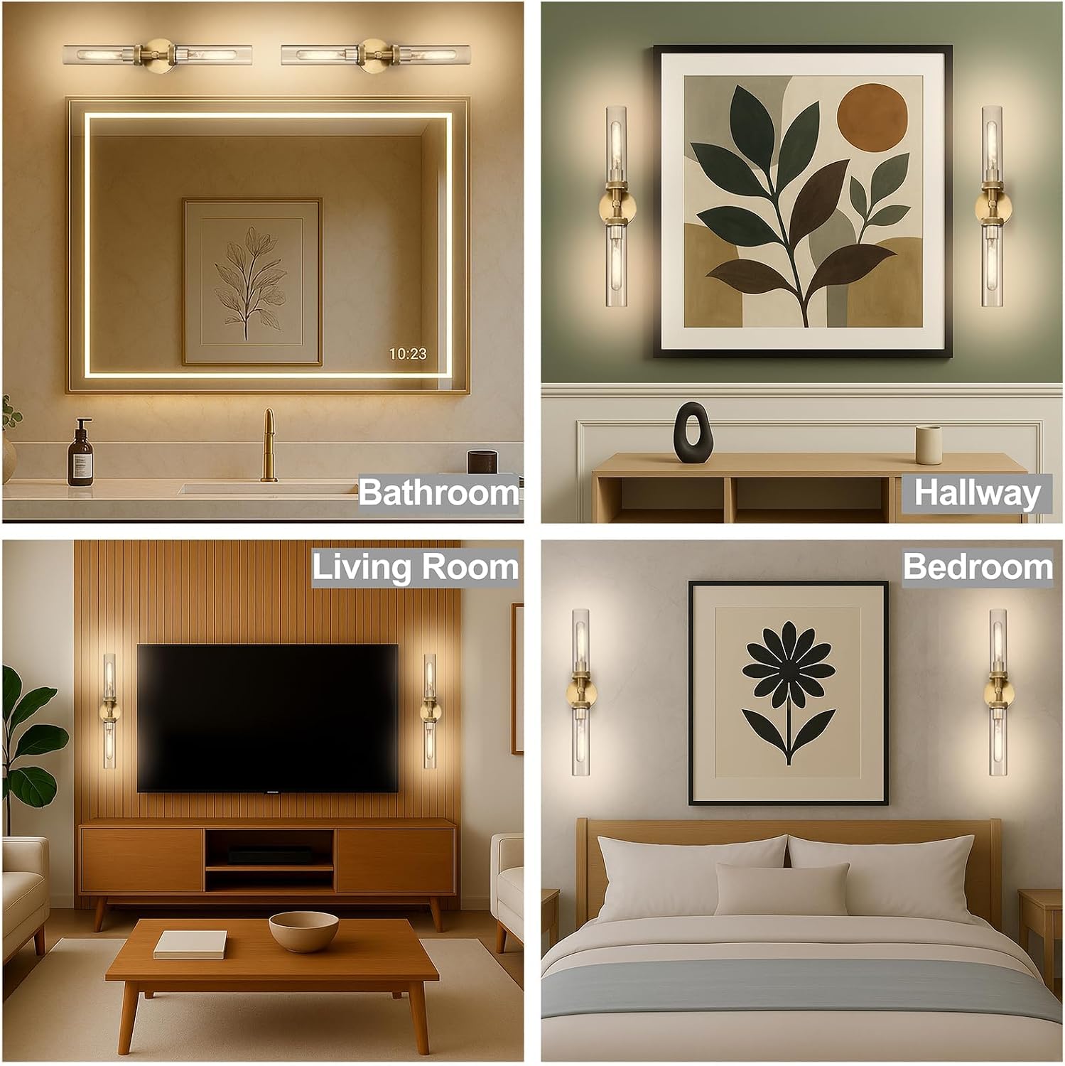 2-Pack Bathroom Vanity Light Fixtures – Modern 2-Light Gold Wall Sconces with Knurled Texture, Clear Glass Shades, Horizontal or Vertical Hardwired Mount, Bathroom Lighting Fixtures Over Mirror