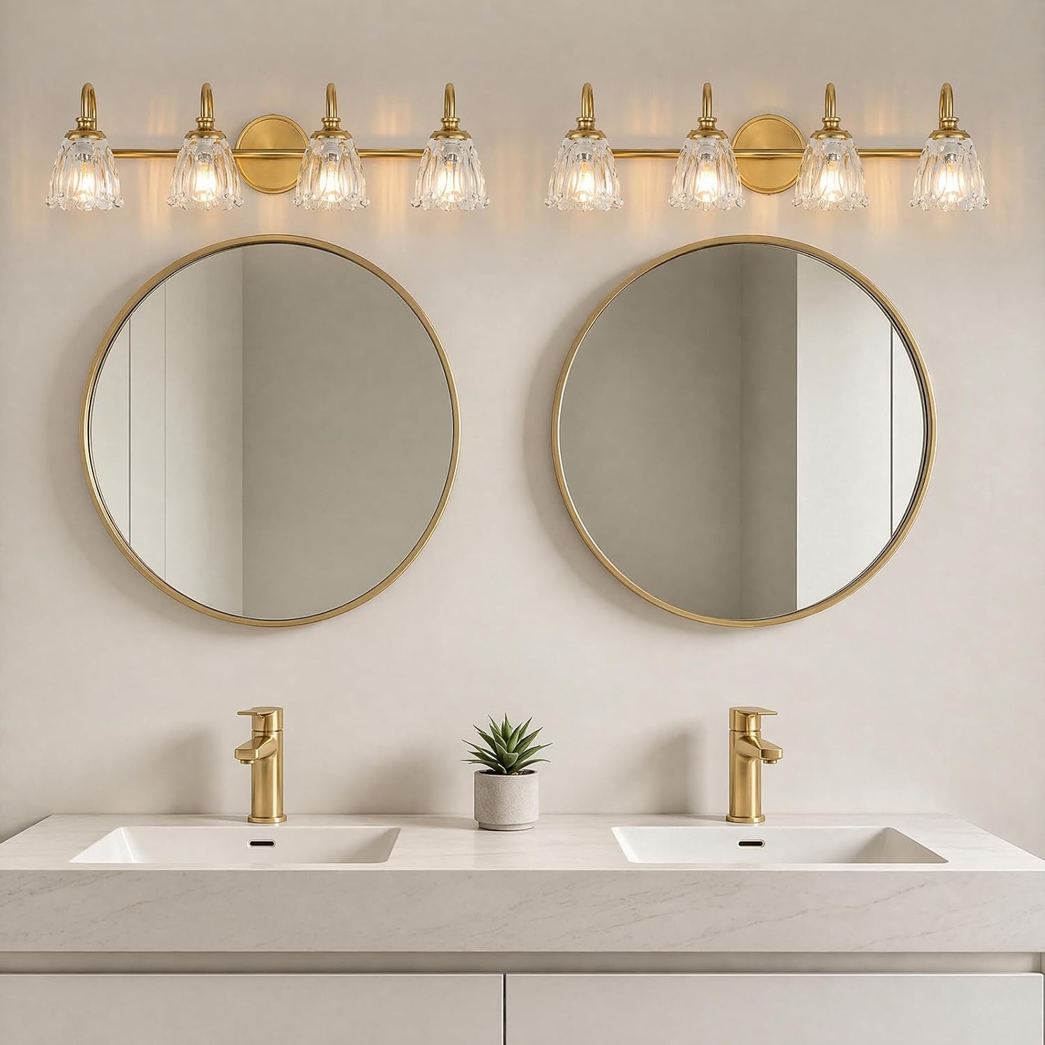 Bathroom Light Fixtures, 4 Light Brushed Gold Vanity Lights for Bathroom with Clear Tulip Crystal Glass Shade, 27 in Vintage Bathroom Vanity Lights Over Mirror for Bedroom, Living Room, Hallway