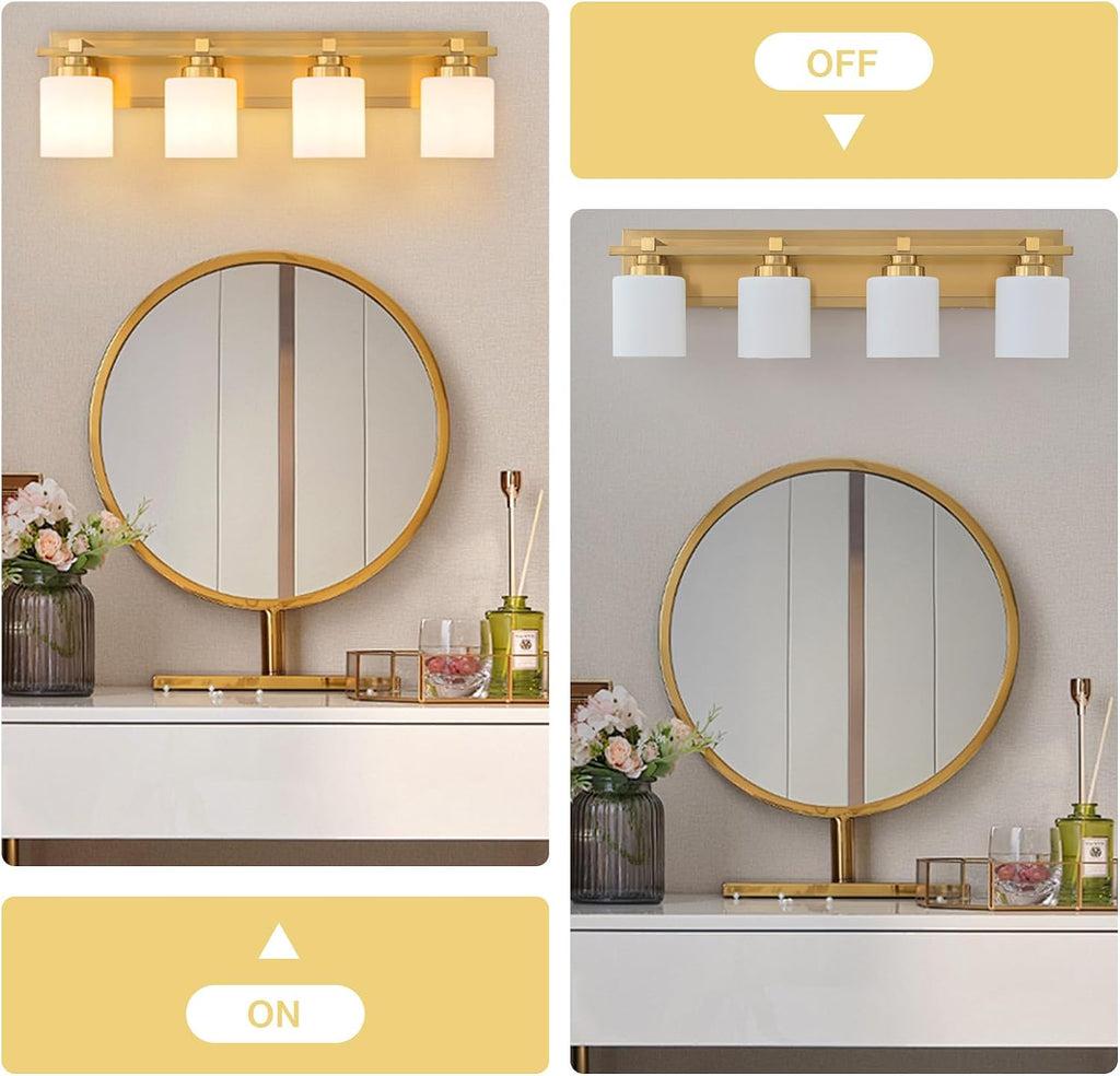Modern Bathroom Light Fixtures Over Mirror, Vanity Lights for Bathroom Wall Sconces with Milky White Glass Shades, E26 Socket (Bulbs Not Included), 4 Light, Brass