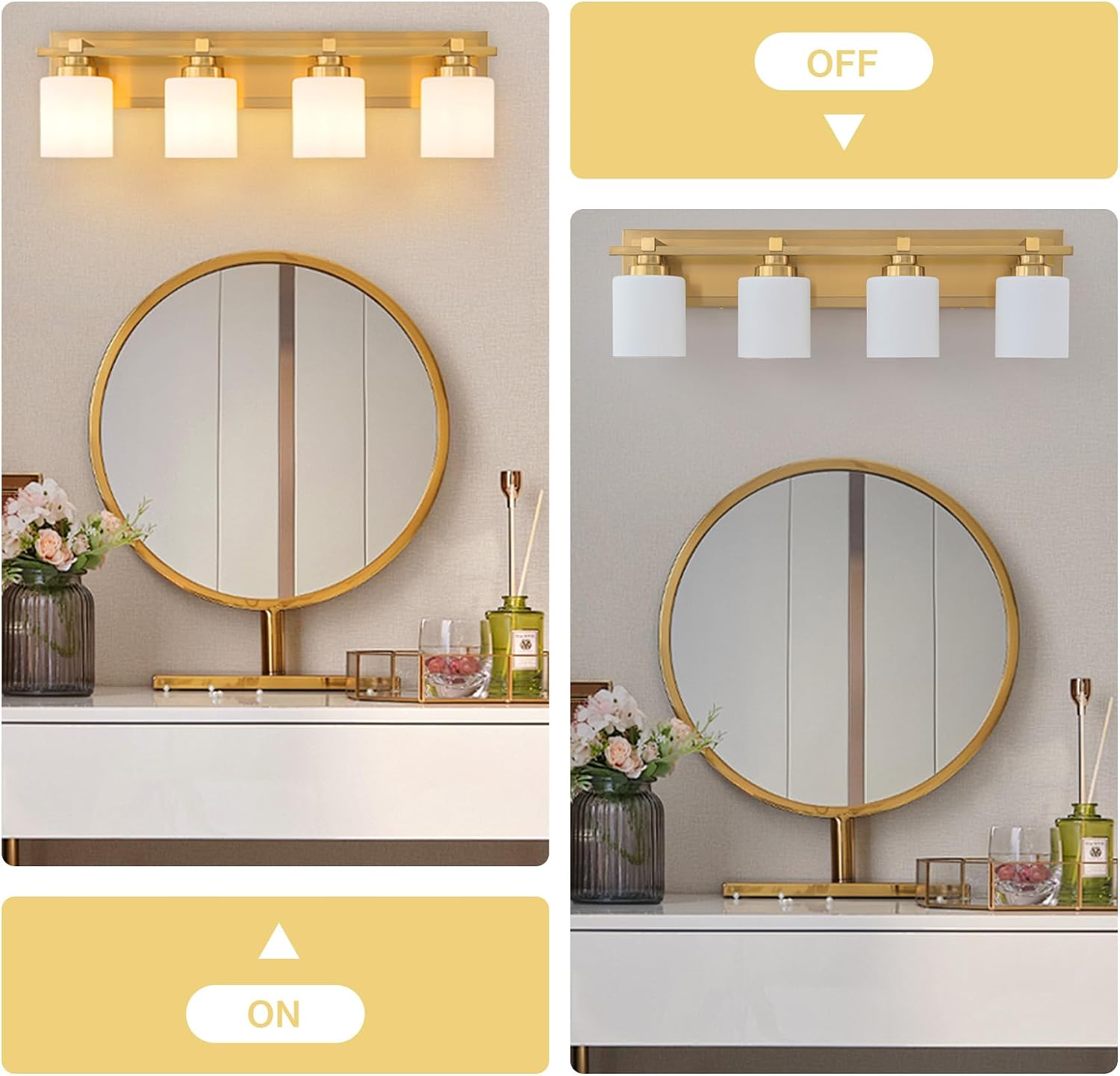 Modern Bathroom Light Fixtures Over Mirror, Vanity Lights for Bathroom Wall Sconces with Milky White Glass Shades, E26 Socket (Bulbs Not Included), 4 Light, Brass