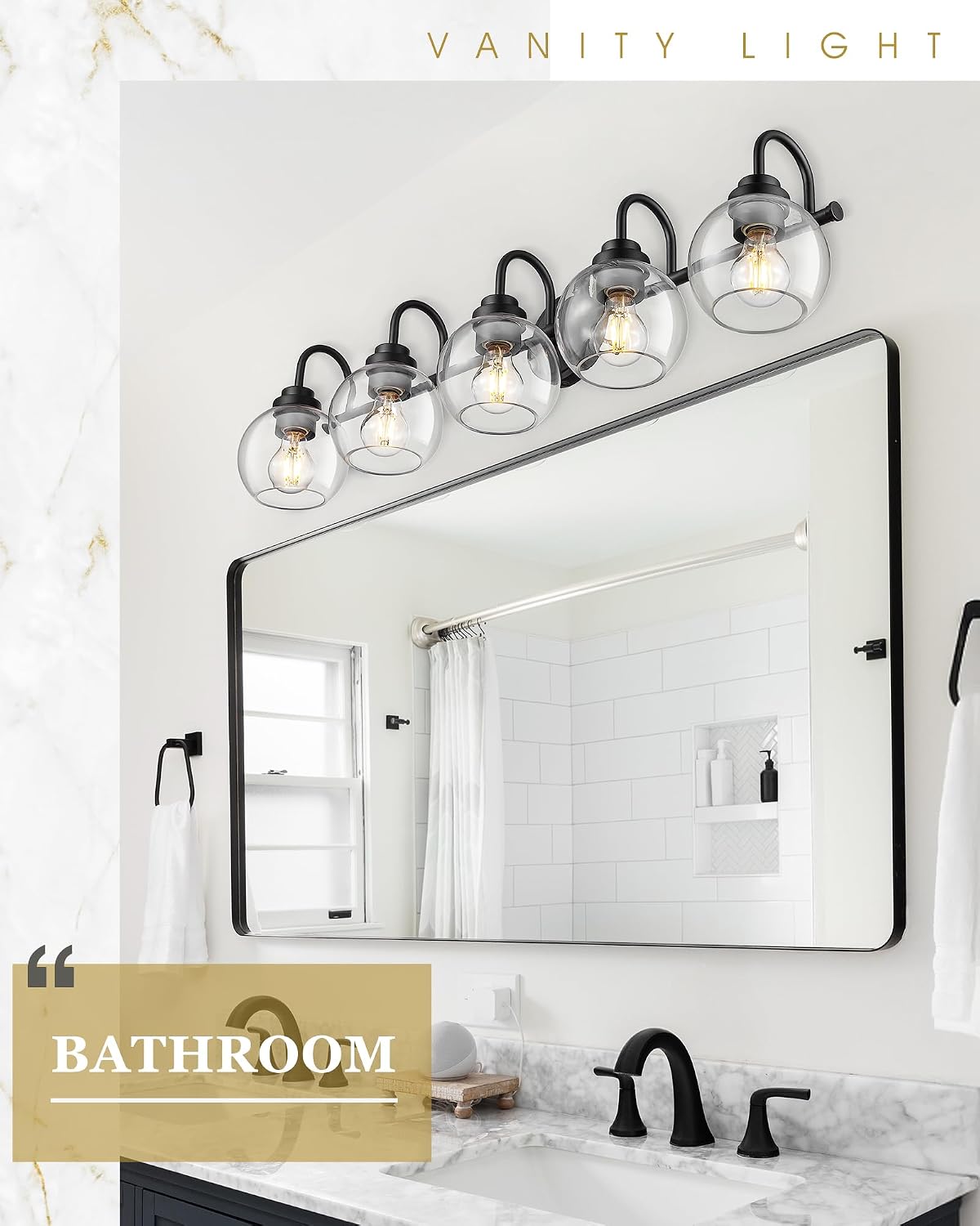 Bathroom Light Fixtures, 5-Light Matte Black Vanity Lights with Globe Clear Glass, 35 Inch Modern Vanity Lighting Fixtures Over Mirror, AD-22280-5W-BK