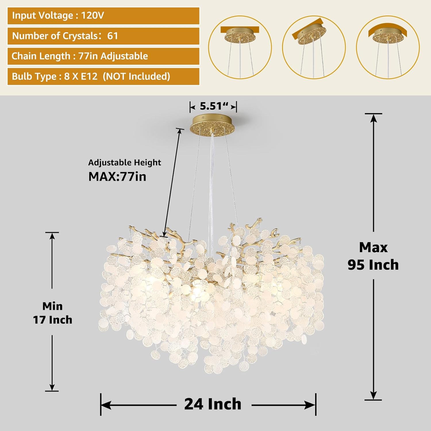 24-Inch Capiz Shell Chandelier, 8-Light Gold Coastal Chandelier, Modern Crystal Tree Branch Chandeliers, Boho Light Fixture for Bedroom, Living Room, Foyer, Entryway, Stairwell