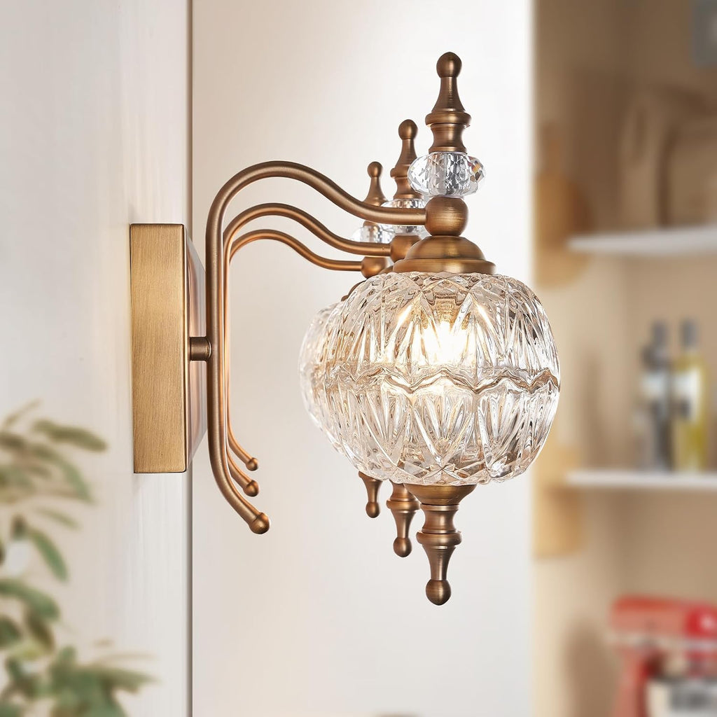 Vintage Bathroom Vanity Light Fixtures, 3 Lights Bathroom Wall Sconce Lighting Matte Brushed Antique Brass Finish with Crystal Glass Shade, Vintage Vanity Light for Bathroom Bedroom