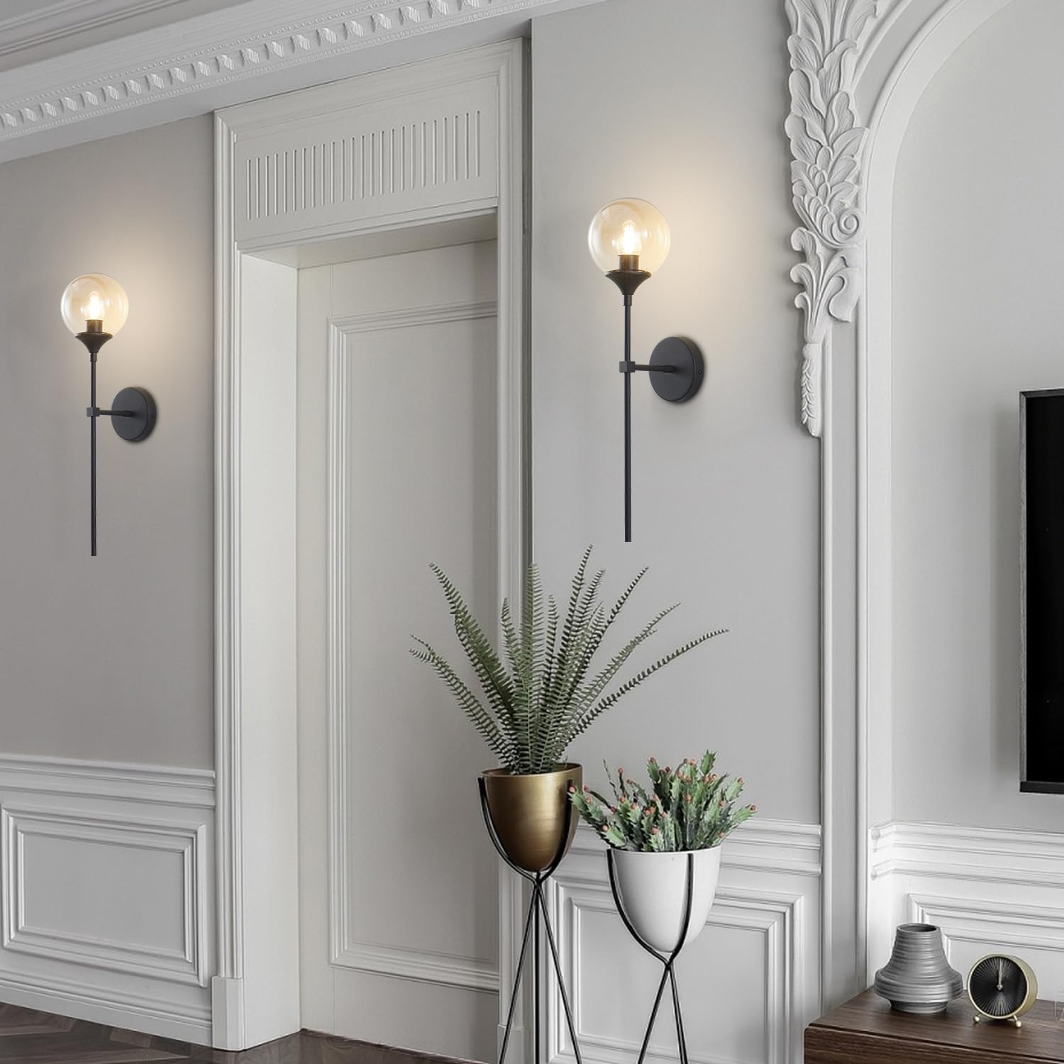 KCO Lighting Mid Century Modern 1-Light Wall Sconce Lighting Set of Two Matte Black Globe Vanity Wall Light Fixture Set of 2 Amber Glass Bathroom Wall Lamp Industrial Long Pole Wall Sconce