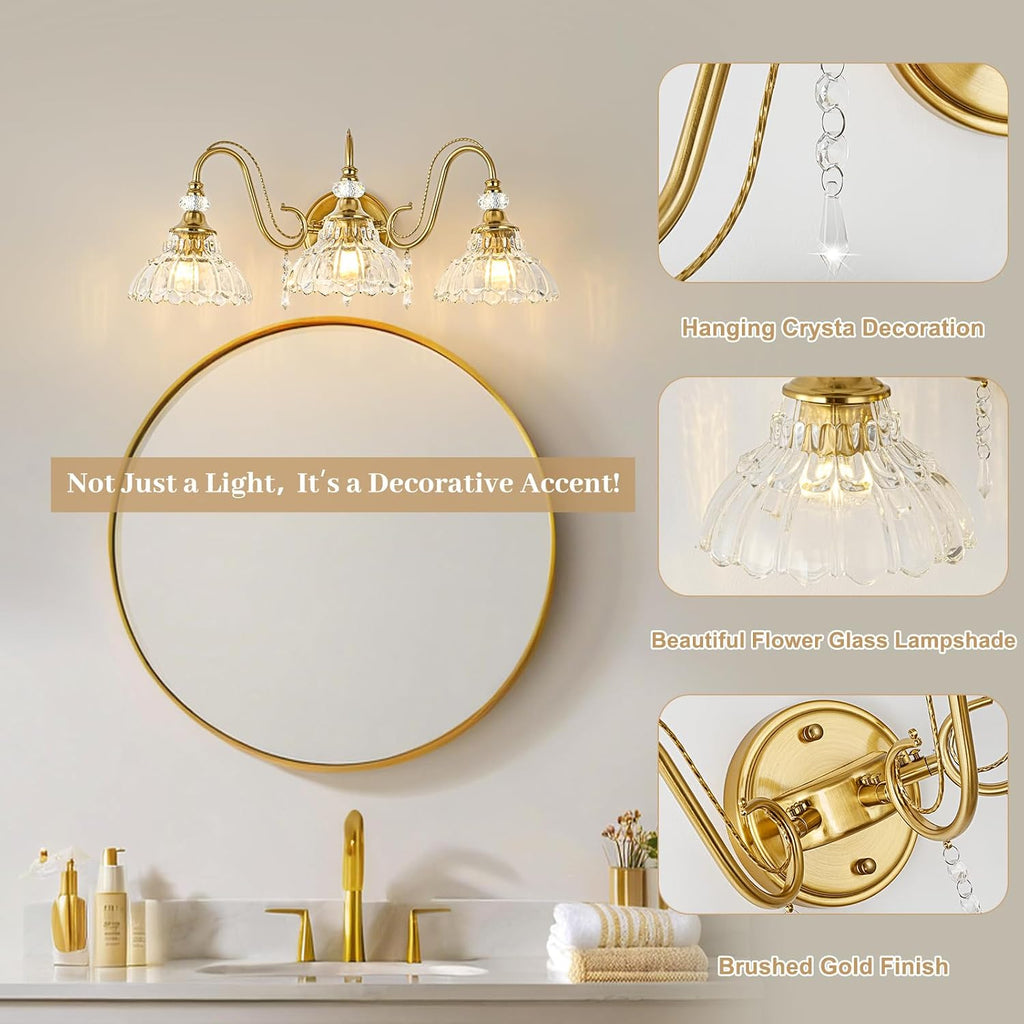 Vintage Bathroom Vanity Light, 3-Light Brushed Gold Finish Wall Sconce with Hanging Crystal Accents and Flower-Shaped Clear Glass Shades, Retro Wall Mount Vanity Light Over Mirror for Bathroom
