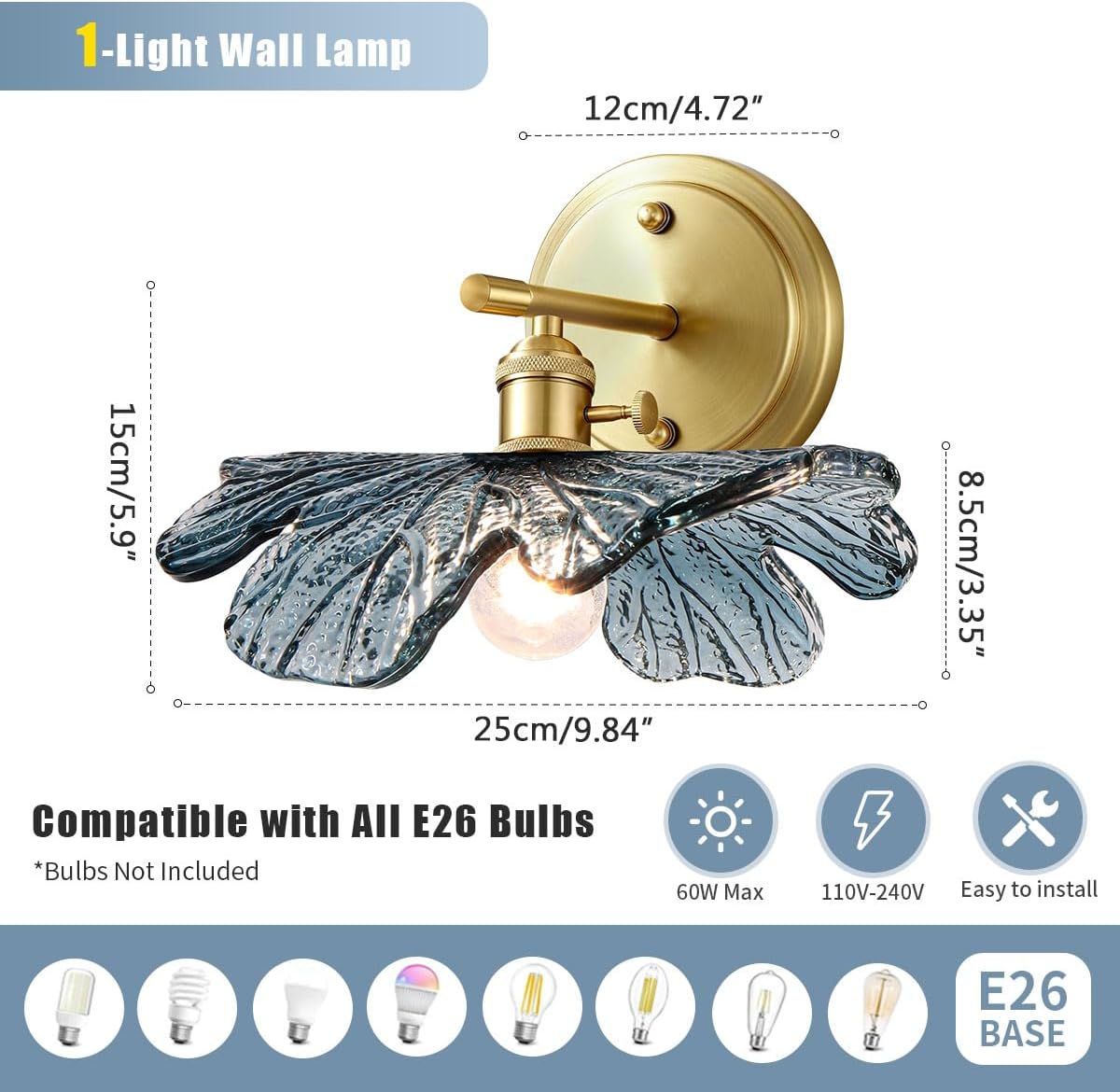 Vintage Wall Sconces Set of 2 Blue Flower Glass Shade Gold Brass Base Bathroom Vanity Lights Over Mirror Mid Century Modern Wall Lighting Fixtures for Bedroom Hallway Living Room