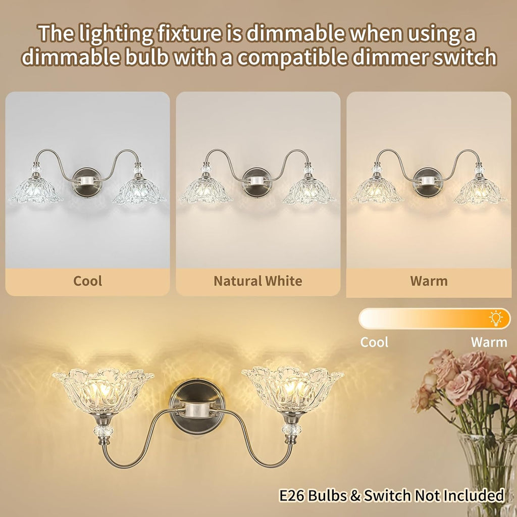 Brushed Nickel Bathroom Vanity Light, 2-Light Vanity Light with Floral Clear Glass Shades, Nickel Wall Mount Lighting for Bathroom, Dressing Table
