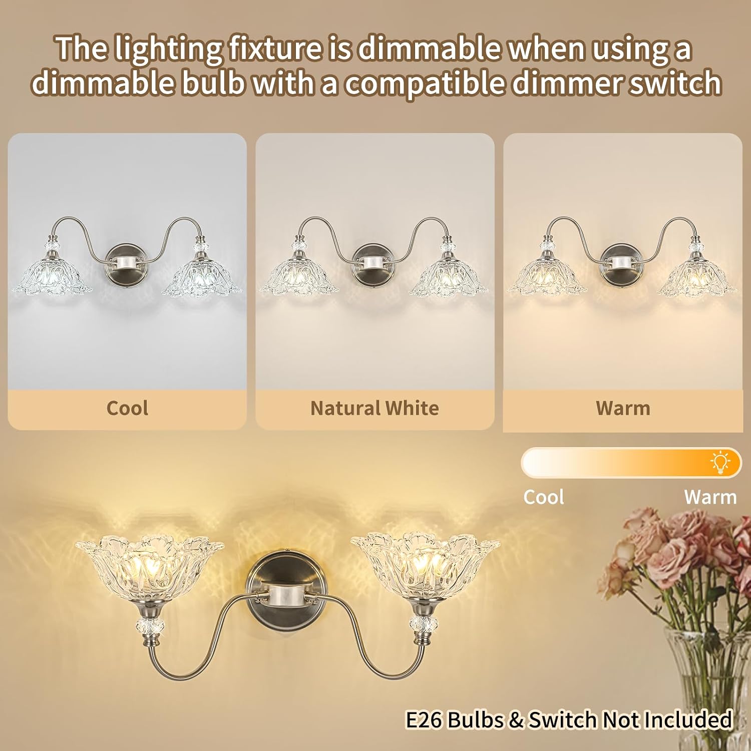 Brushed Nickel Bathroom Vanity Light, 2-Light Vanity Light with Floral Clear Glass Shades, Nickel Wall Mount Lighting for Bathroom, Dressing Table