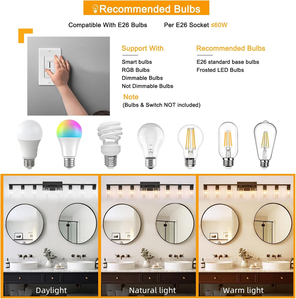 8 Light Bathroom Vanity Light, Matte Black Bathroom Vanity Lights Over Mirror with Sturdy Clear Glass Shade, 8 Lights Count Large Bath Light Fixtures for Mirror, Bedroom, Living Room, Wall Sconce