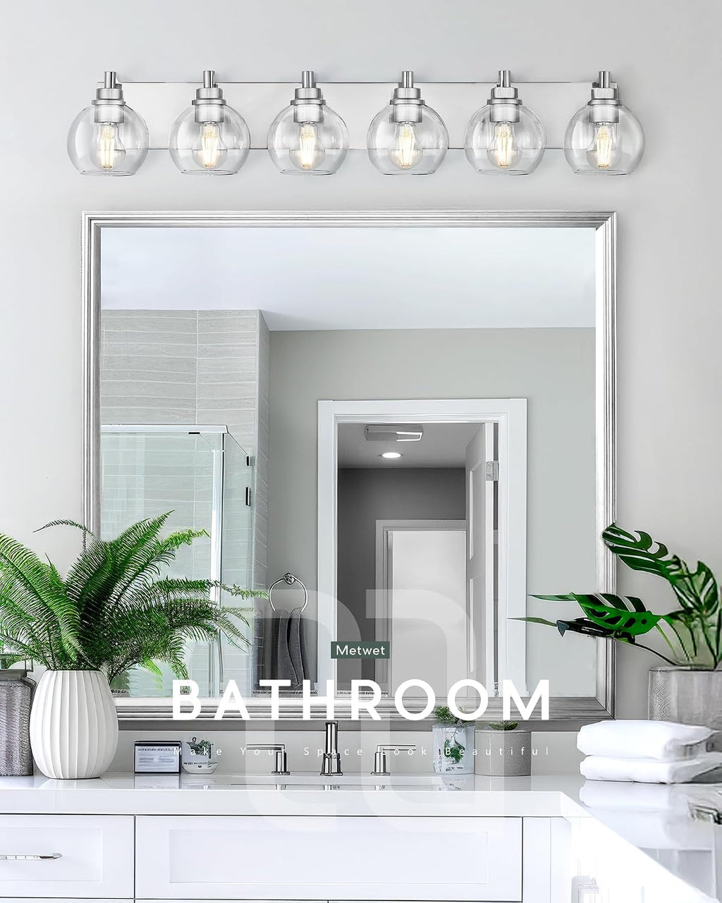 Bathroom Light Fixtures, 6 Light Brushed Nickel Vanity Light, 38 Inch Modern Wall Sconces with Globe Clear Glass Shade, Vanity Lighting Fixtures Over Mirror, VL195-BN-6