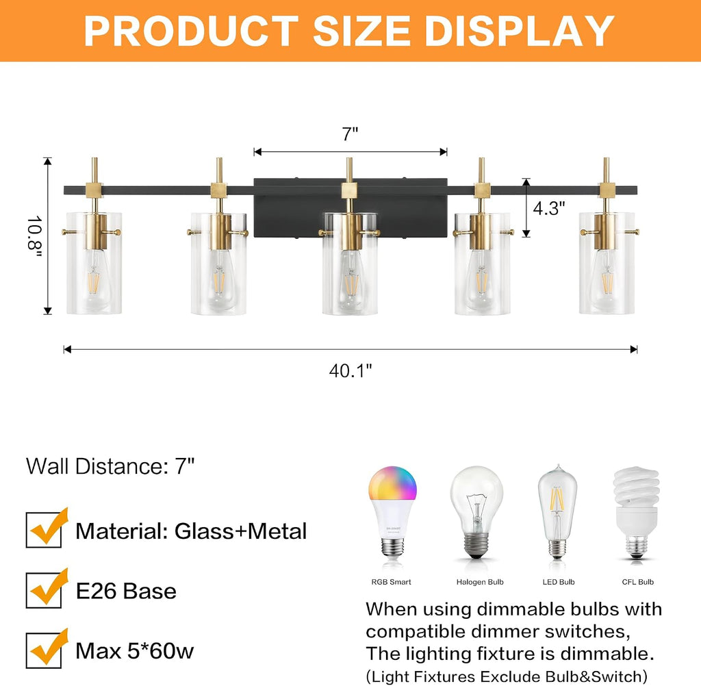 SOLFART 40.1 inch Vintage Brass Bathroom Vanity Light fixtures Bathroom Wall Lights Over Mirror with Glass Shade 5 Light
