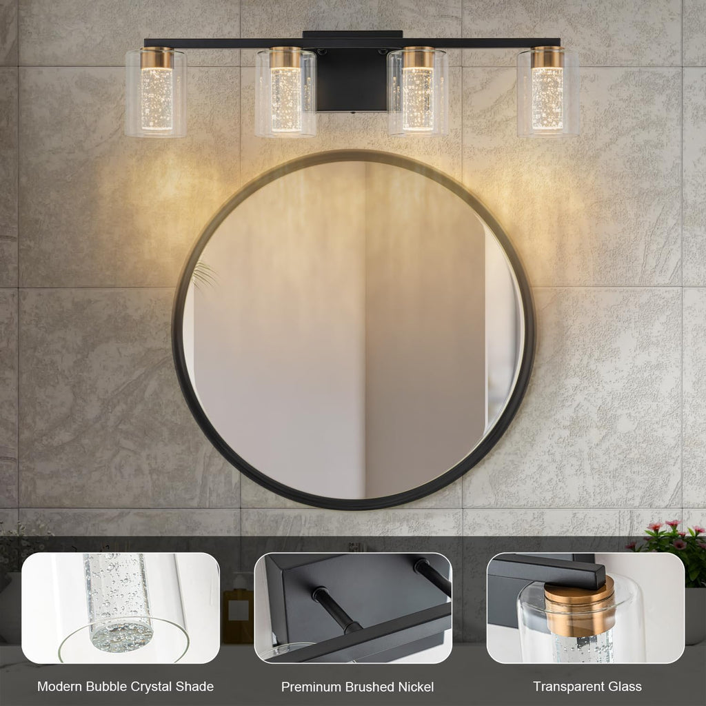 SineRise 4-Light Black and Gold Vanity Light with 3 Color Modes (3000K/4000K/6000K), Eye Protection LED Bathroom Light Fixture, Dimmable Modern Wall Light Over Mirror with Clear Glass Shade