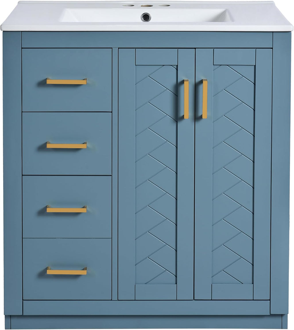 30 Inch Aqua Blue Bathroom Vanity with Sink & Gold Handles,Modern Bathroom Vanity Cabinet with Integrated Countertop,3 Left Drawers & 2 Soft Closing Doors,Solid Wood Frame,Herringbone Front