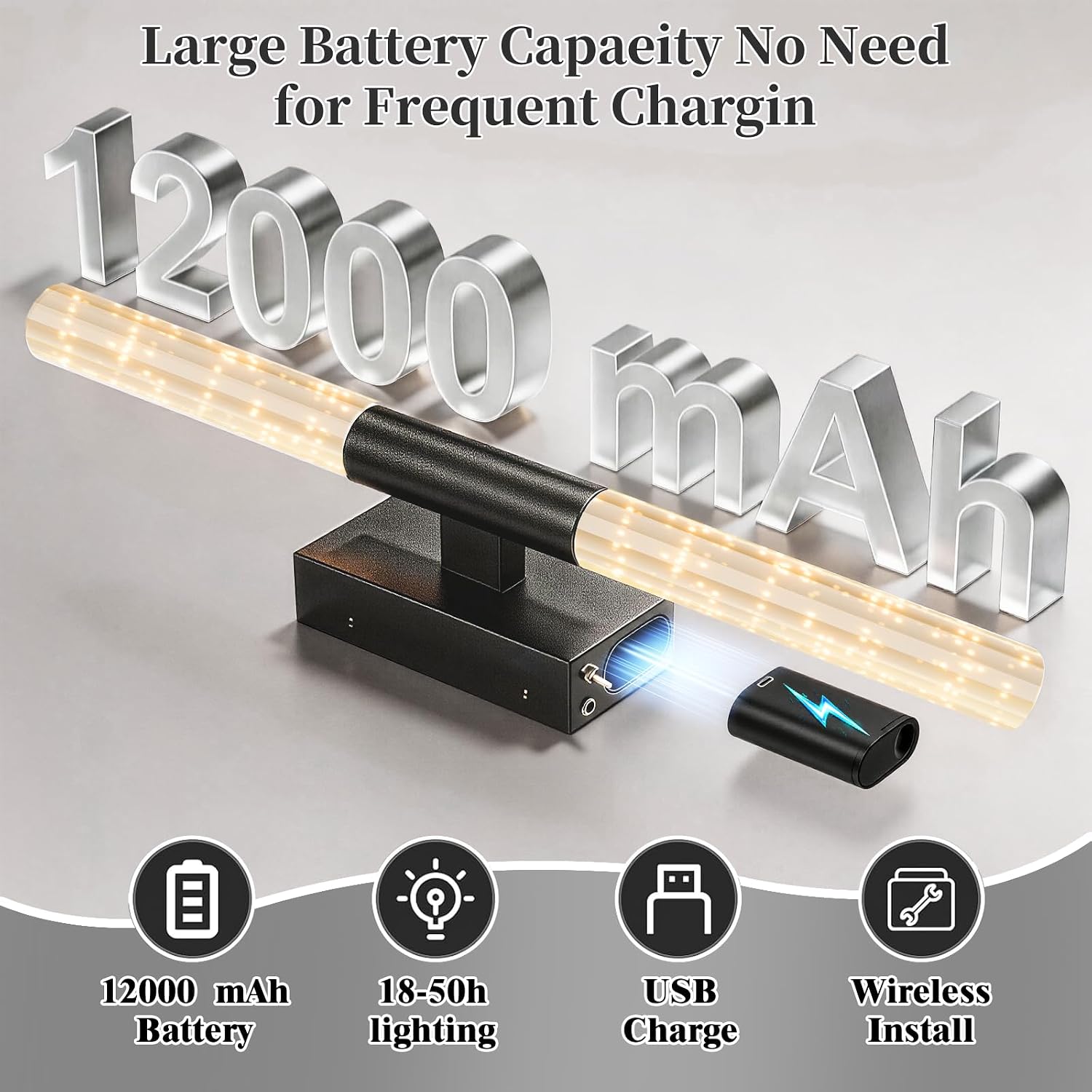 camuucci Battery Operated Wall Sconces Set of 2 Rechargeable Battery Powered Wall Light with 12000mAh Not Hardwired Dimmable Wall Lamp Fixtures for Bedroom Living Room Black 25.6 Inches