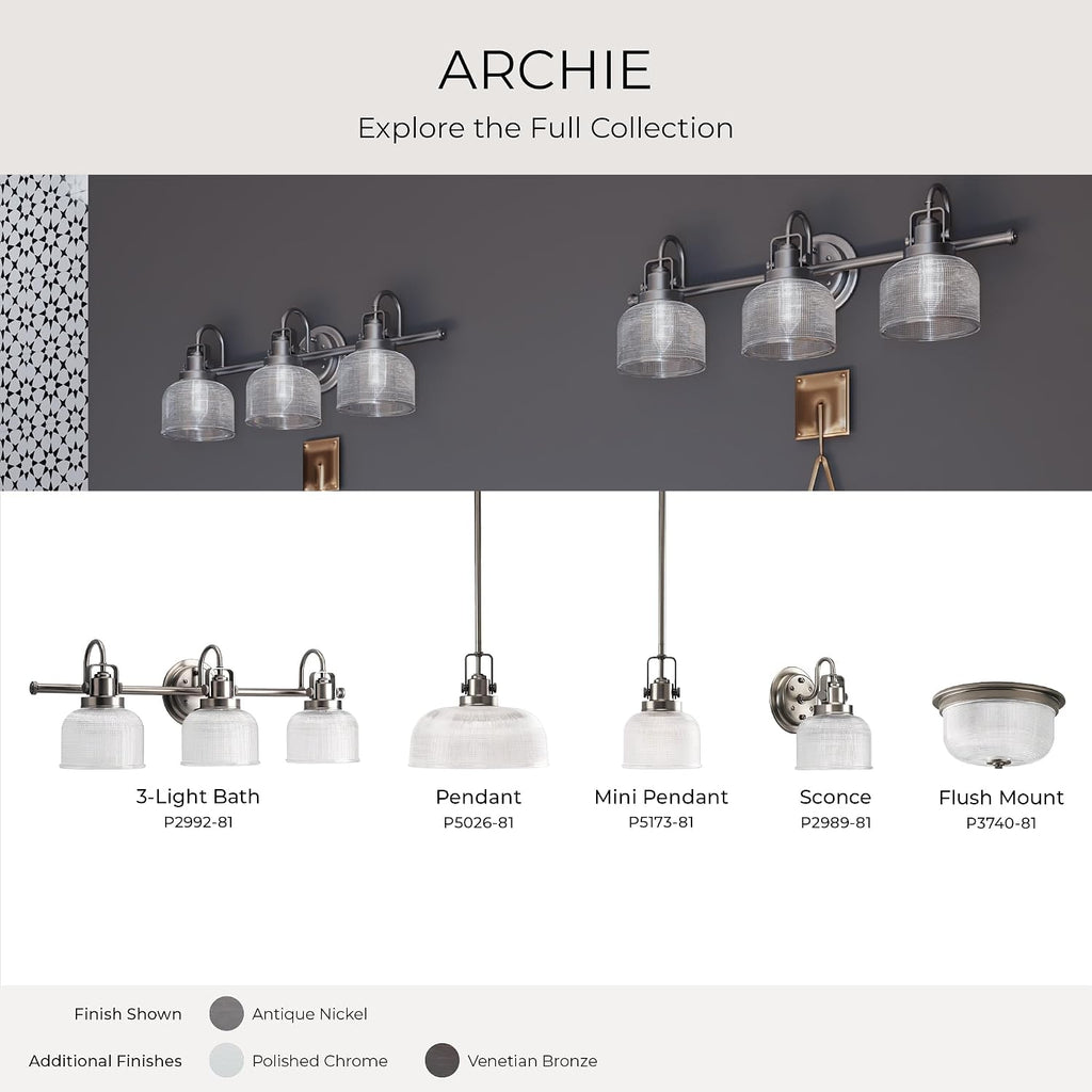 Progress Lighting P2992-81 Archie Collection Clear Double Prismatic Glass Coastal Bath Vanity, 3-Light, Antique Nickel