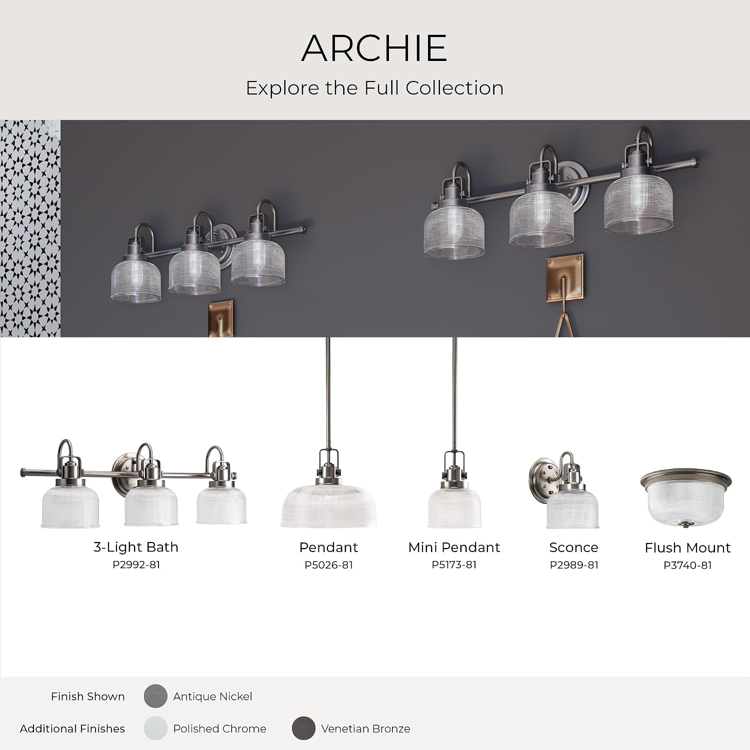 Progress Lighting P2992-81 Archie Collection Clear Double Prismatic Glass Coastal Bath Vanity, 3-Light, Antique Nickel