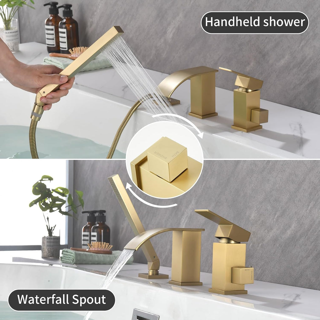 TapLong Waterfall Roman Tub Faucet with Hand Shower, Deck Mount Bathtub Faucets High Flow Widespread 3 Hole Bathtub Shower Faucet Set, Brushed Gold,03766BG