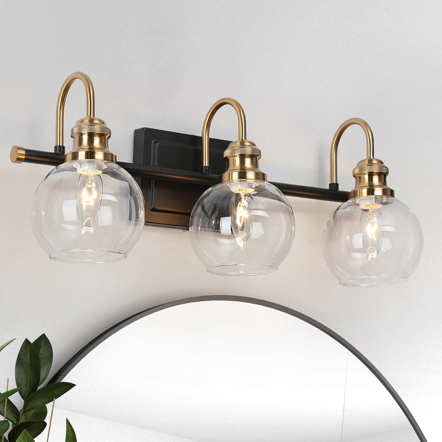 KSANA Black Gold Vanity Light, Modern 3-Light Bathroom Light Fixture with Clear Glass Globes, Electroplating Brass 22'L Vanity Lighting Over Mirror