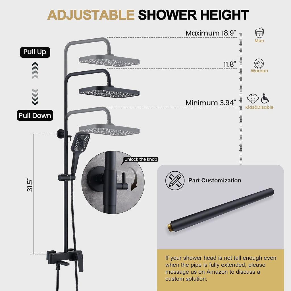 Shower Systems with 12 x8 Inches Rain Shower Head, Matte Black Exposed Pipe Shower System,3 Functions Tub Shower Faucet Sets,Overhead Shower System with Handheld