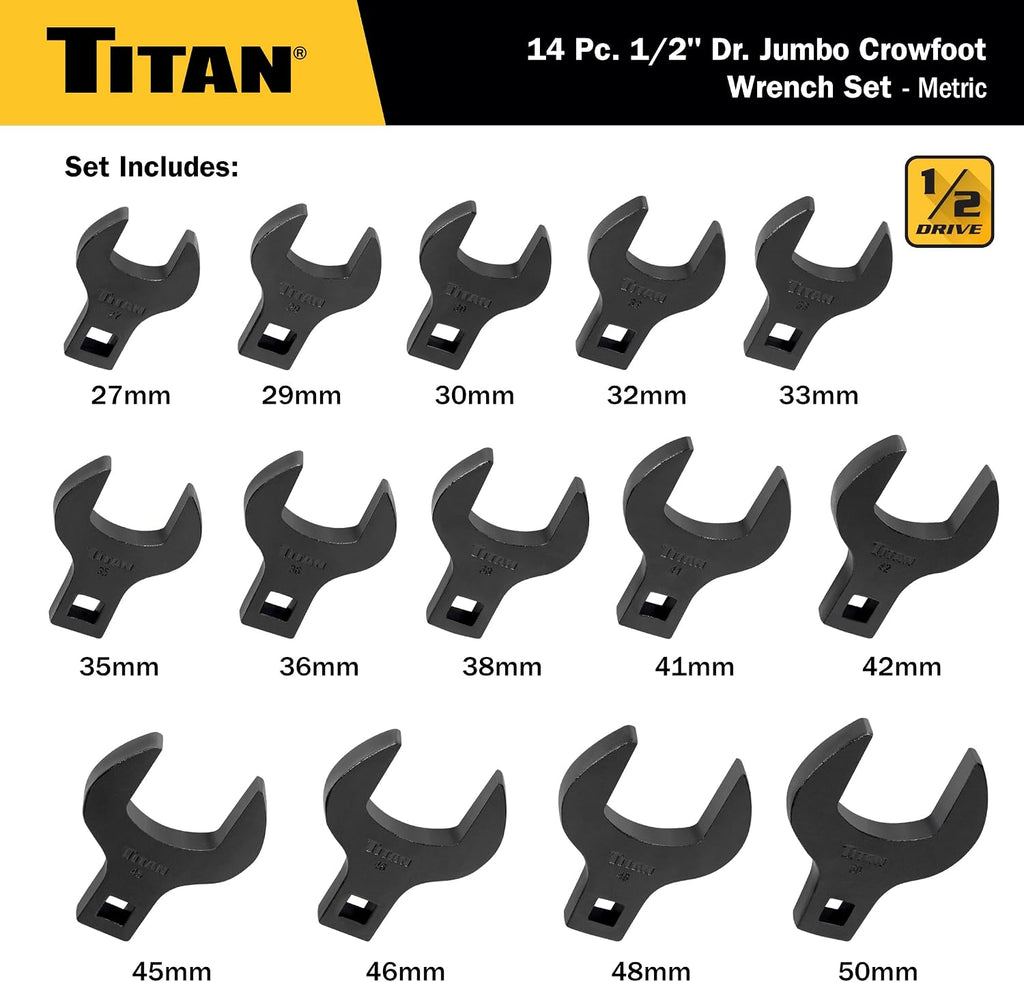 Titan 17299 14-Piece 1/2-Inch Drive Metric Jumbo Crowsfoot Wrench Set