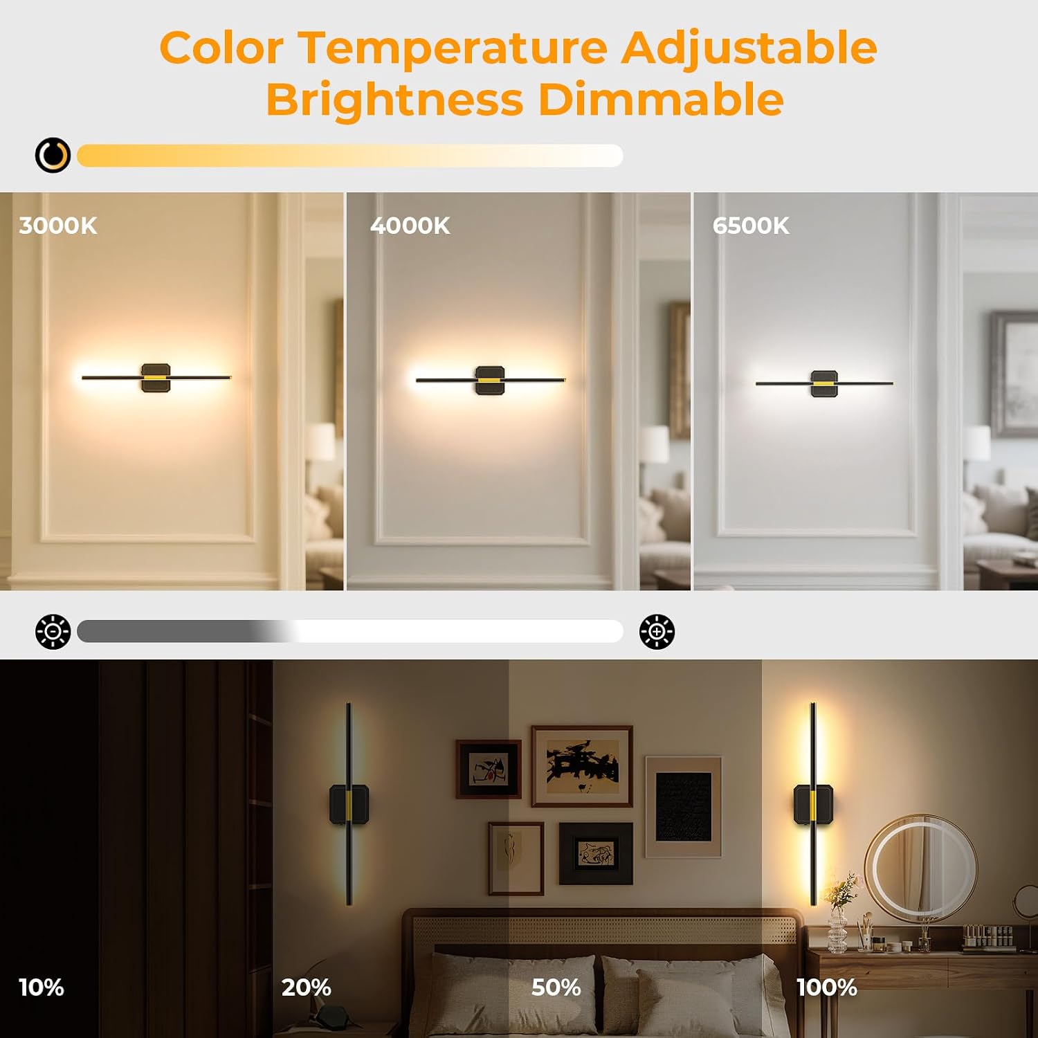 GvvooHome Battery Operated Wall Sconce Detachable 360°Rotate, Wireless Wall Lamp 3000-6500K Dimmable, 10000mAh Rechargeable Wall Light for Bedroom, Living Room，28.3' Black Gold 4 Pack