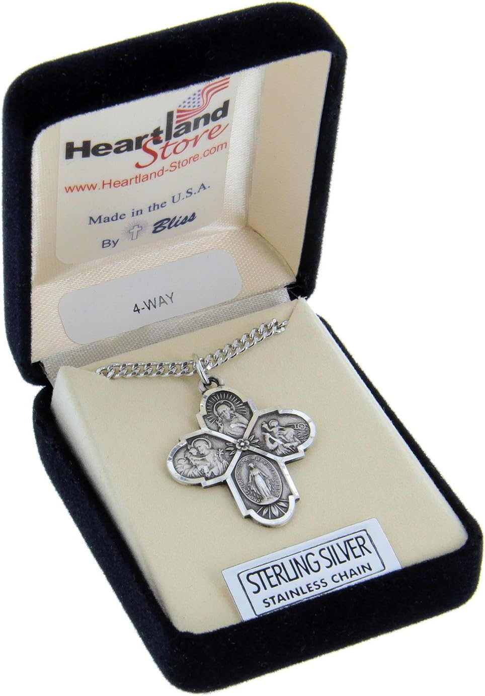 Heartland Sterling Silver 4 Way Cross Pendant for Men- Handcrafted in USA, Tarnish Resistant, Meaningful Catholic Necklace with Sacred Heart, St. Christopher, St. Joseph & Miraculous Medal– 24-Inch