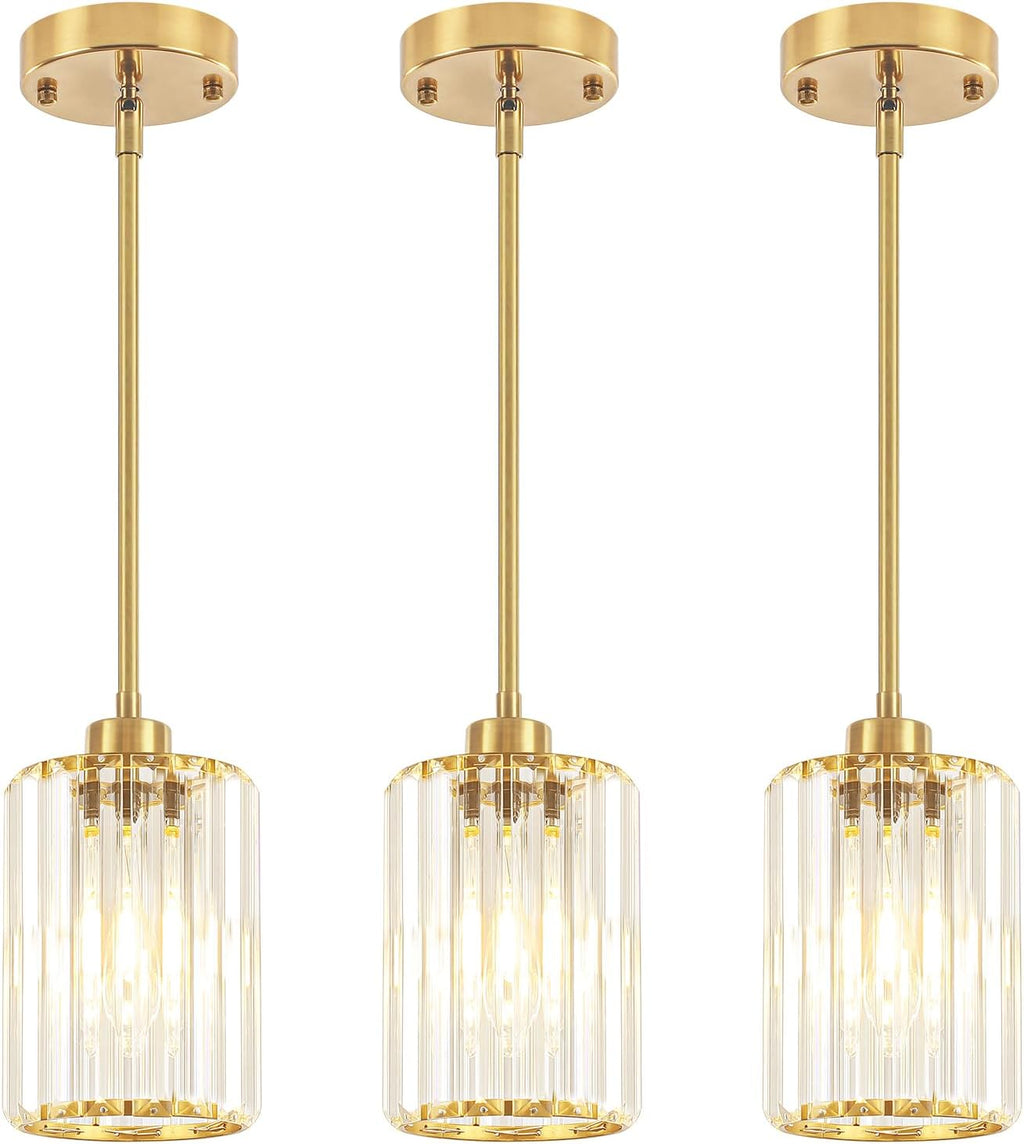 3 Pack Brushed Brass Pendant Lights Kitchen Island, Crystal Pendant Lighting Over Island Hanging Kitchen Lighting Fixtures Hallway Ceiling Lights Modern Pendant Light for Dining Room Bathroom Foyer