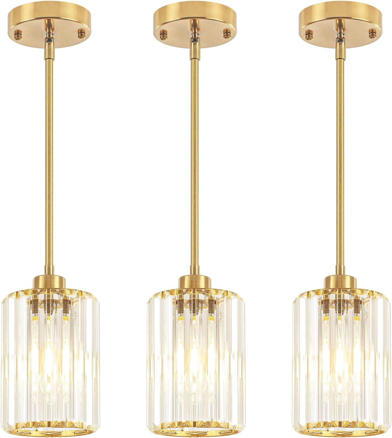 3 Pack Brushed Brass Pendant Lights Kitchen Island, Crystal Pendant Lighting Over Island Hanging Kitchen Lighting Fixtures Hallway Ceiling Lights Modern Pendant Light for Dining Room Bathroom Foyer
