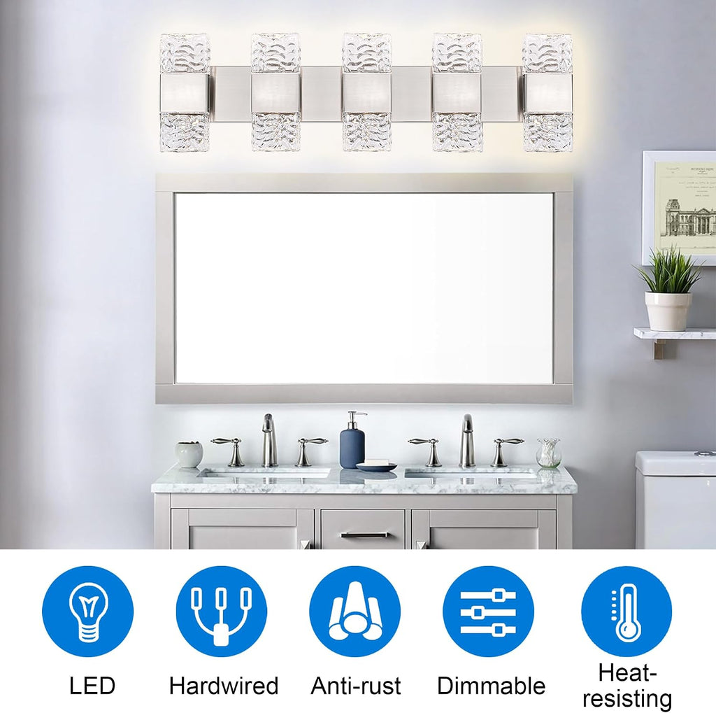 MELUCEE 30.3 in LED Bathroom Lighting Fixtures Dimmable 40W LED Vanity Light Brushed Nickel Modern Bathroom Light Bar Crystal Wall Sconce for Bath Restroom Powder Room, 3000K Warm Lighting
