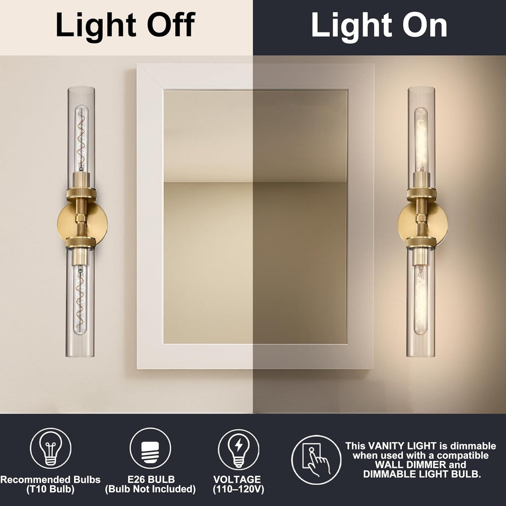 2-Pack Bathroom Vanity Light Fixtures – Modern 2-Light Gold Wall Sconces with Knurled Texture, Clear Glass Shades, Horizontal or Vertical Hardwired Mount, Bathroom Lighting Fixtures Over Mirror