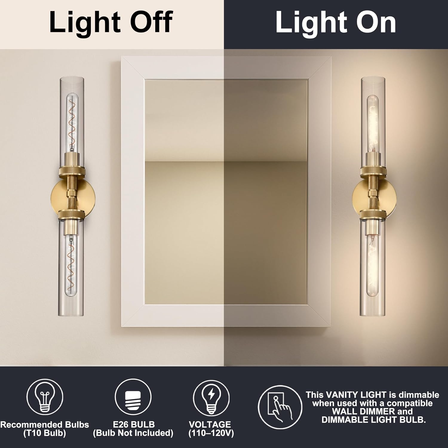 2-Pack Bathroom Vanity Light Fixtures – Modern 2-Light Gold Wall Sconces with Knurled Texture, Clear Glass Shades, Horizontal or Vertical Hardwired Mount, Bathroom Lighting Fixtures Over Mirror