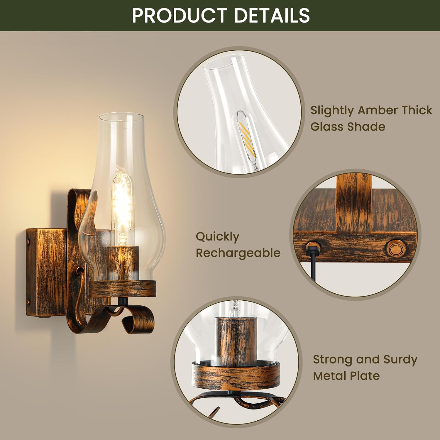 Battery Operated Wall Sconces, Rustic Wall Lights Sets of 2, Non-Hardwired Antique Kerosene Wall Lamps, Vintage Bedside Gold Wall Sconces with Remote for Living Room, Bedroom, Hallway etc