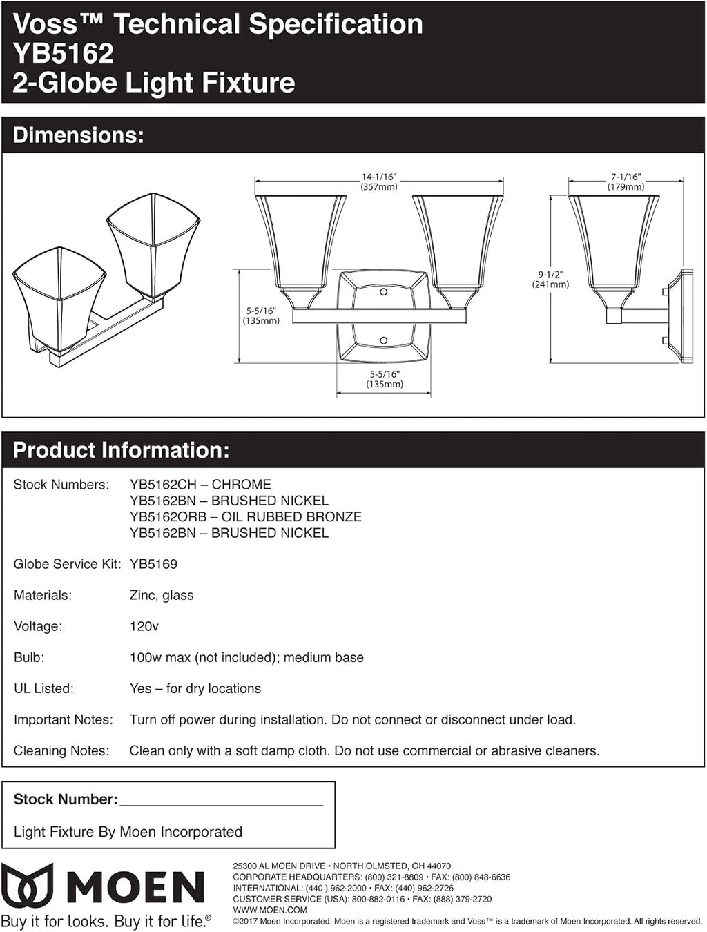 Moen YB5162NL Voss 2-Light Dual-Mount Bath Bathroom Vanity Fixture with Frosted Glass, Polished Nickel