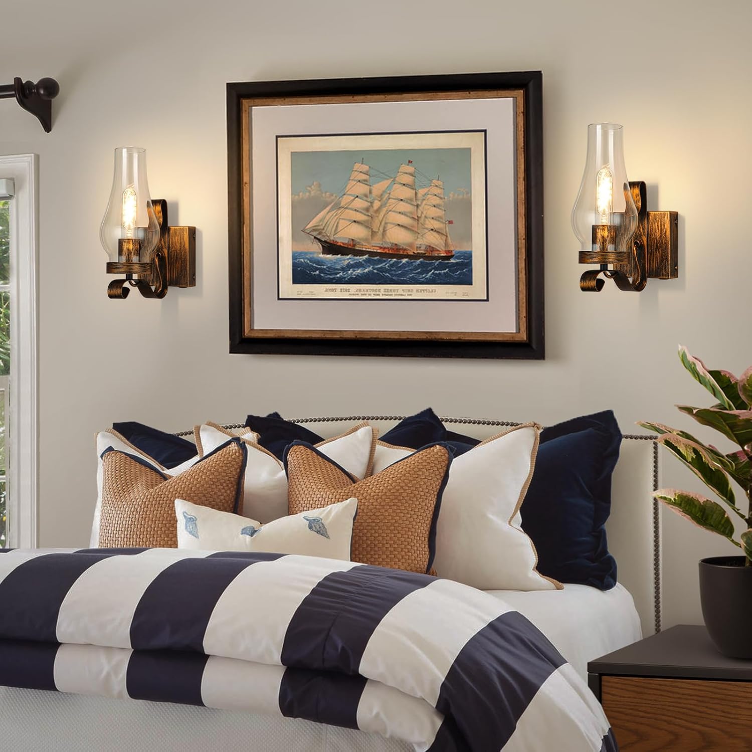 Battery Operated Wall Sconces, Rustic Wall Lights Sets of 2, Non-Hardwired Antique Kerosene Wall Lamps, Vintage Bedside Gold Wall Sconces with Remote for Living Room, Bedroom, Hallway etc