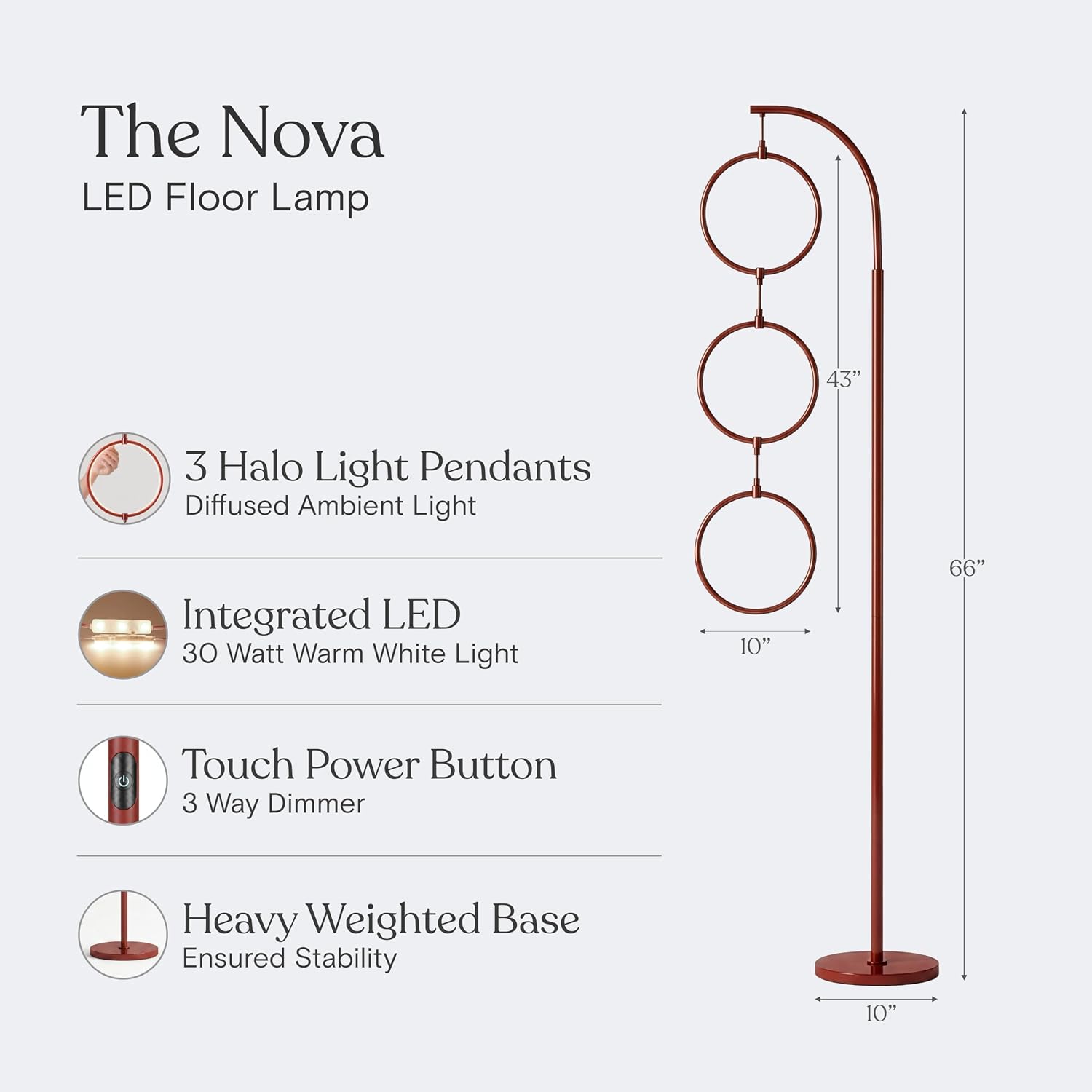Brightech Nova Modern Floor Lamp - Contemporary Arc Tall Lamp with 3-Circle Ring-Style Pendant - Over the Couch Standing Lamp on Arching Pole - Eclectic Tall Lamp Matches Living Room Décor - Red