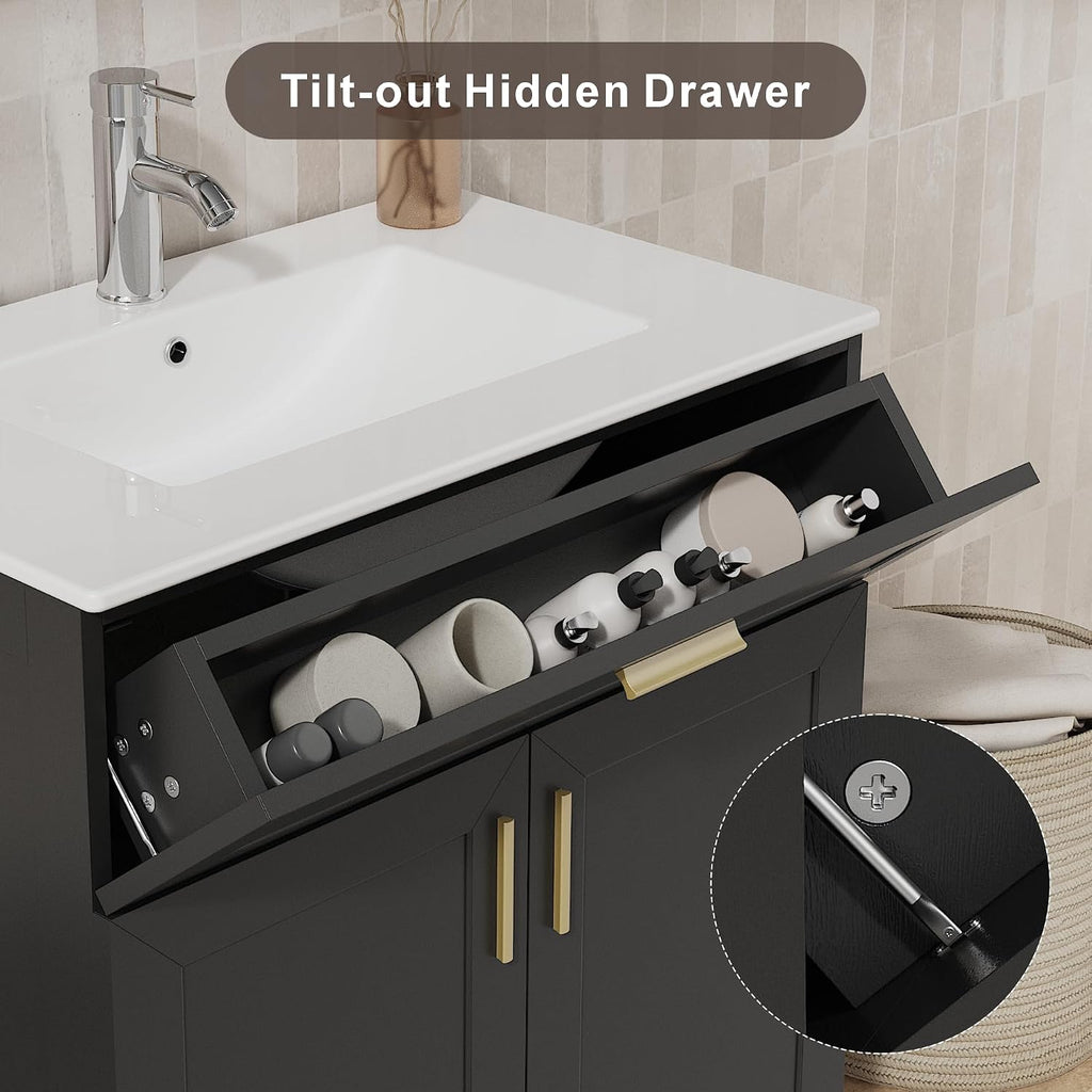 KIGOTY 30' Modern Bathroom Vanity with Ceramic Sink, Wooden Bathroom Storage Cabinet and Sink Combo Set, Freestanding Vanity Sink Cabinet with Faucet, Drawer and Soft-Closing Door (Black)