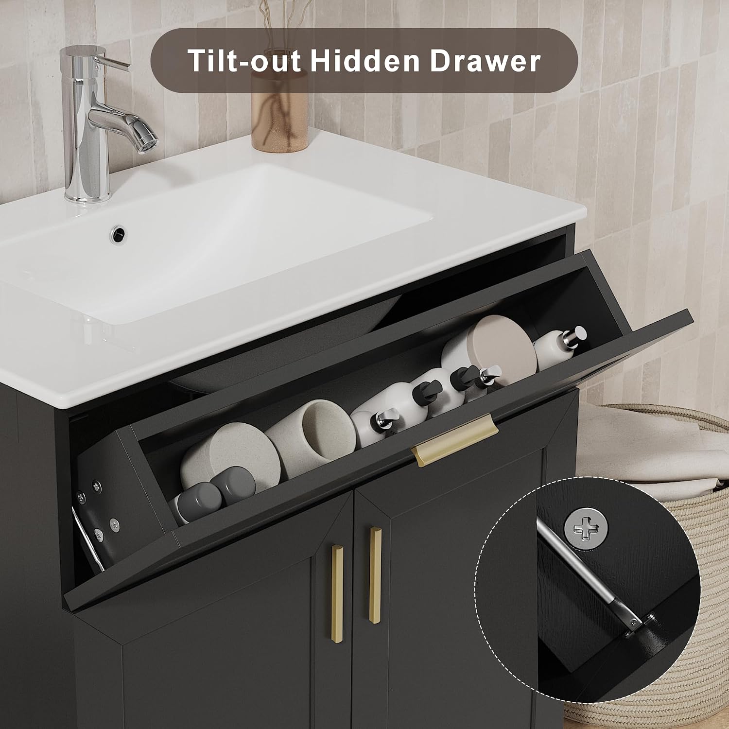 KIGOTY 30' Modern Bathroom Vanity with Ceramic Sink, Wooden Bathroom Storage Cabinet and Sink Combo Set, Freestanding Vanity Sink Cabinet with Faucet, Drawer and Soft-Closing Door (Black)