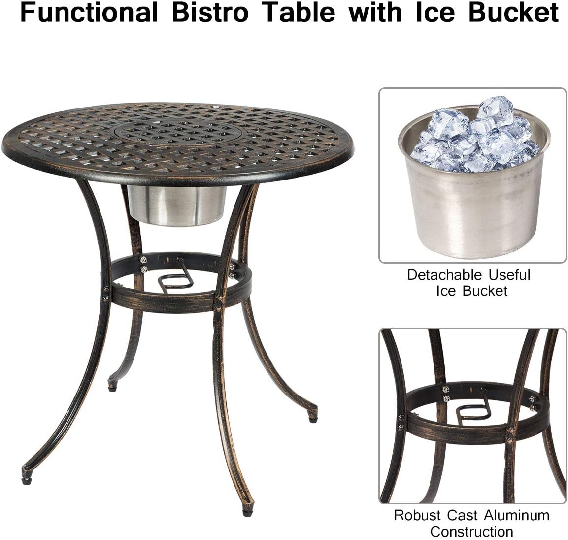Giantex 3pcs Bistro Table Set Cast Aluminum Outdoor Patio Furniture Set Round Table W/Removable Ice Bucket, 2 Chairs Antique Garden Furniture Weather Resistant (Antique Bronze)