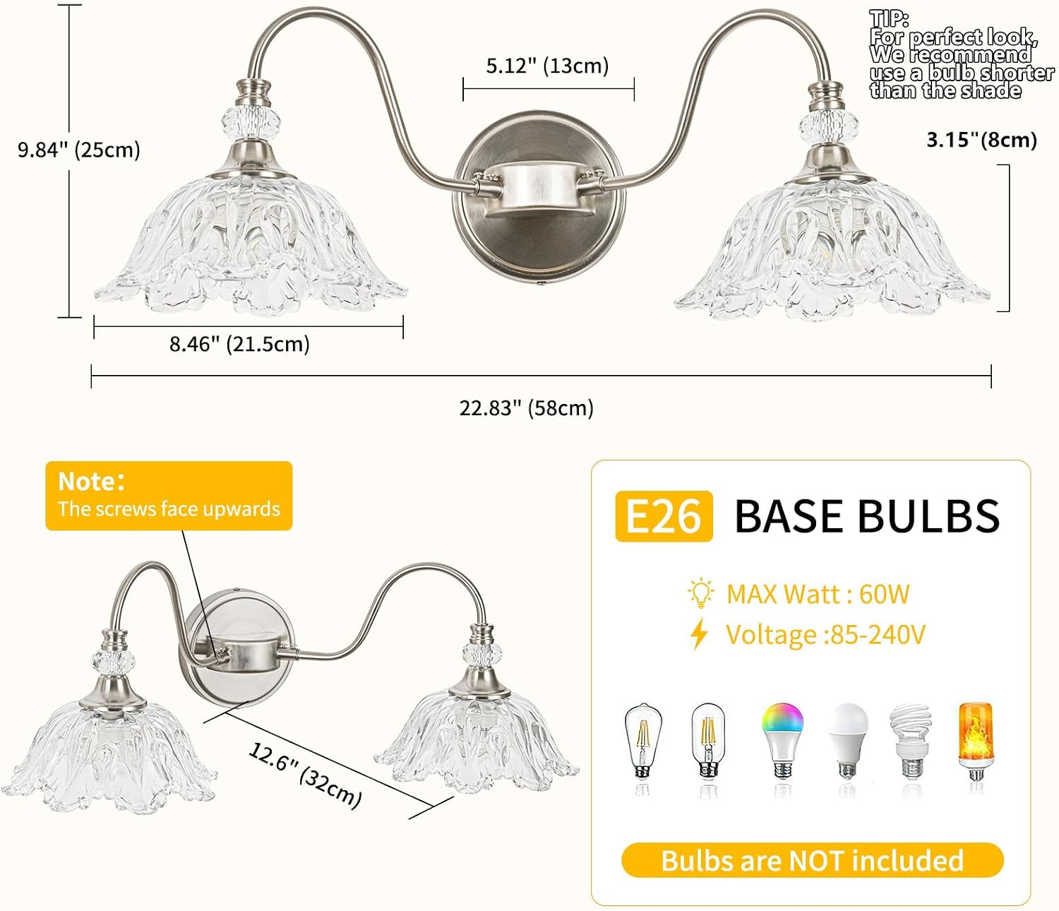 Brushed Nickel Bathroom Vanity Light, 2-Light Vanity Light with Floral Clear Glass Shades, Nickel Wall Mount Lighting for Bathroom, Dressing Table