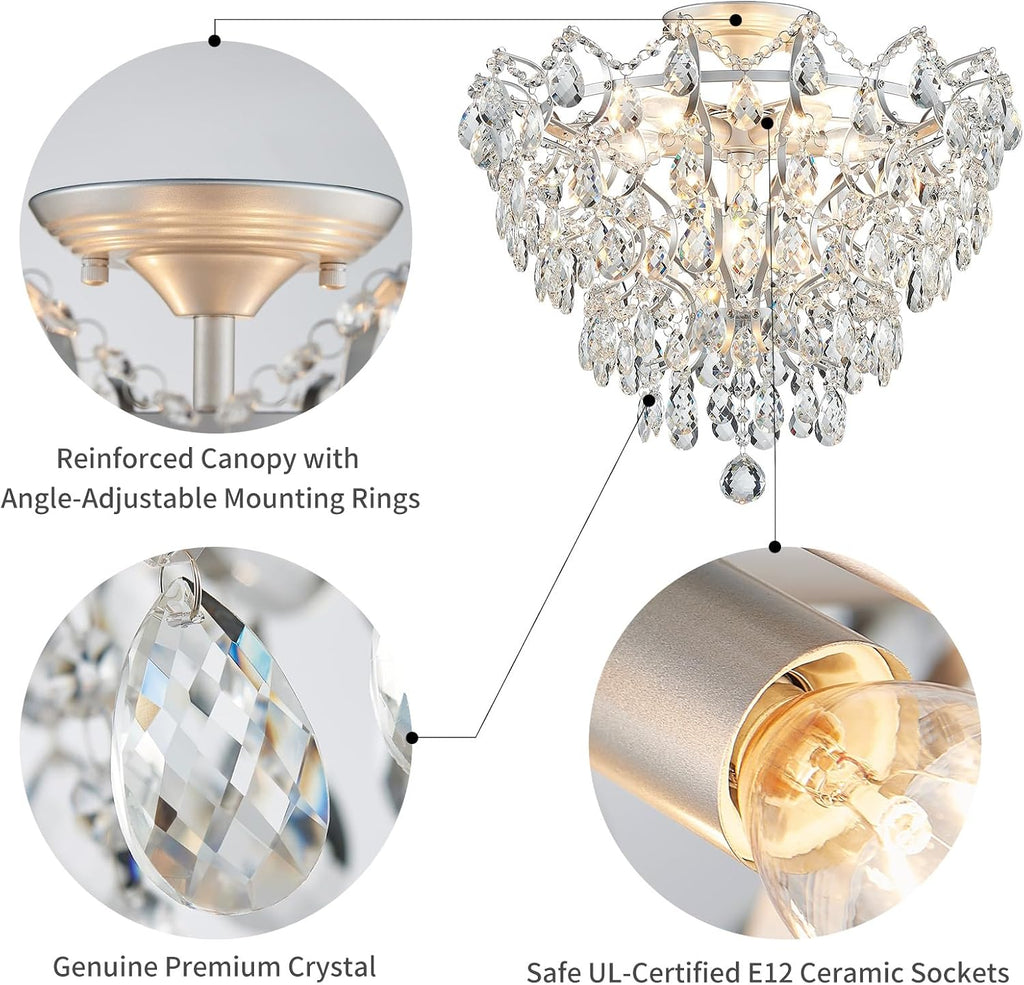 WUZUPS 6-Light Crystal Chandelier Ceiling Light Modern Lighting Fixture for Bedroom Hallway Bar Kitchen Bathroom, H 15.6' W 20.1', E12 Base, Silver
