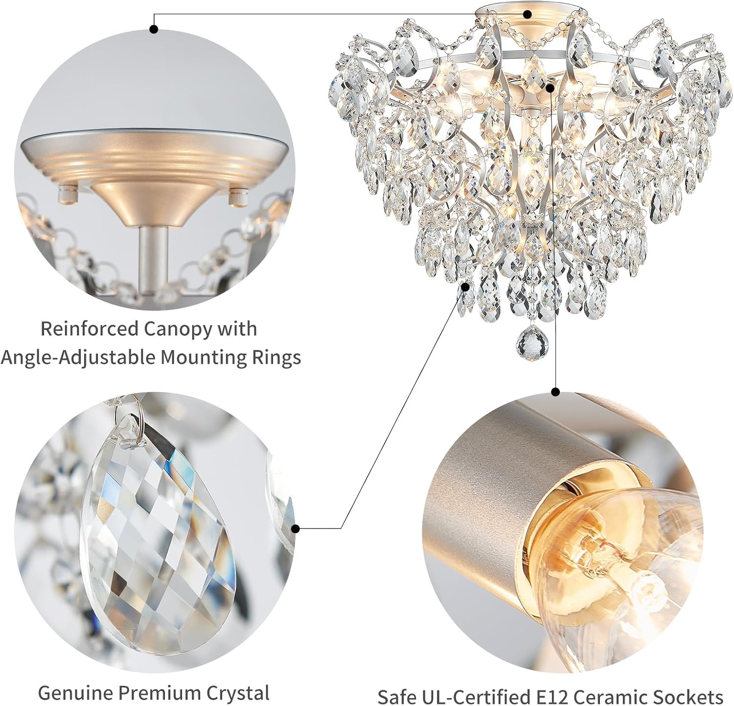 WUZUPS 6-Light Crystal Chandelier Ceiling Light Modern Lighting Fixture for Bedroom Hallway Bar Kitchen Bathroom, H 15.6' W 20.1', E12 Base, Silver