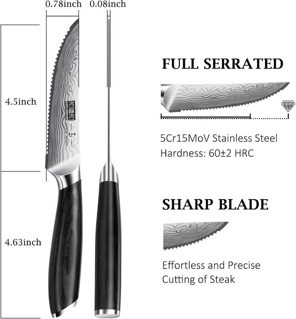 HOSHANHO Steak Knives Set of 6, 4.5 Inch Japanese Serrated Steak Knife Set, Ultra Sharp High Carbon Powder Steel Steak Knife with Pakkawood Handle
