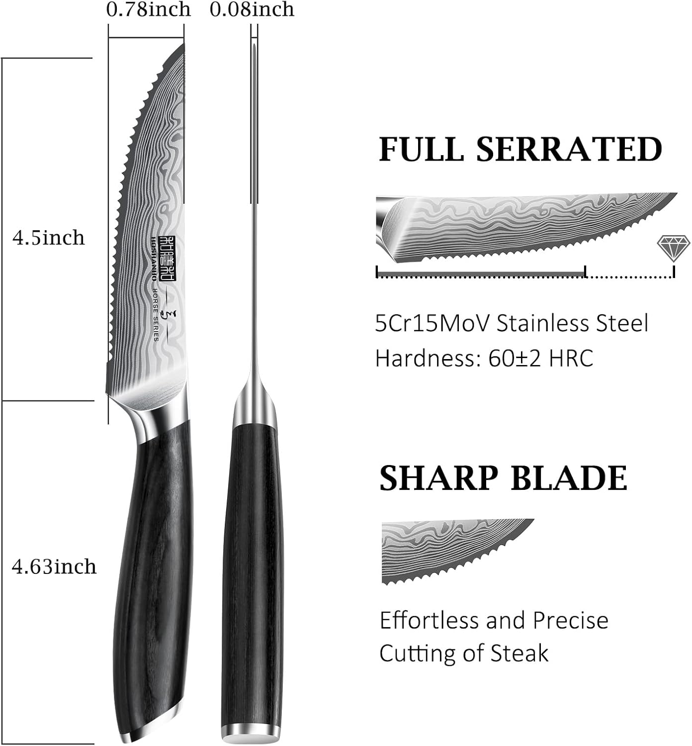 HOSHANHO Steak Knives Set of 6, 4.5 Inch Japanese Serrated Steak Knife Set, Ultra Sharp High Carbon Powder Steel Steak Knife with Pakkawood Handle