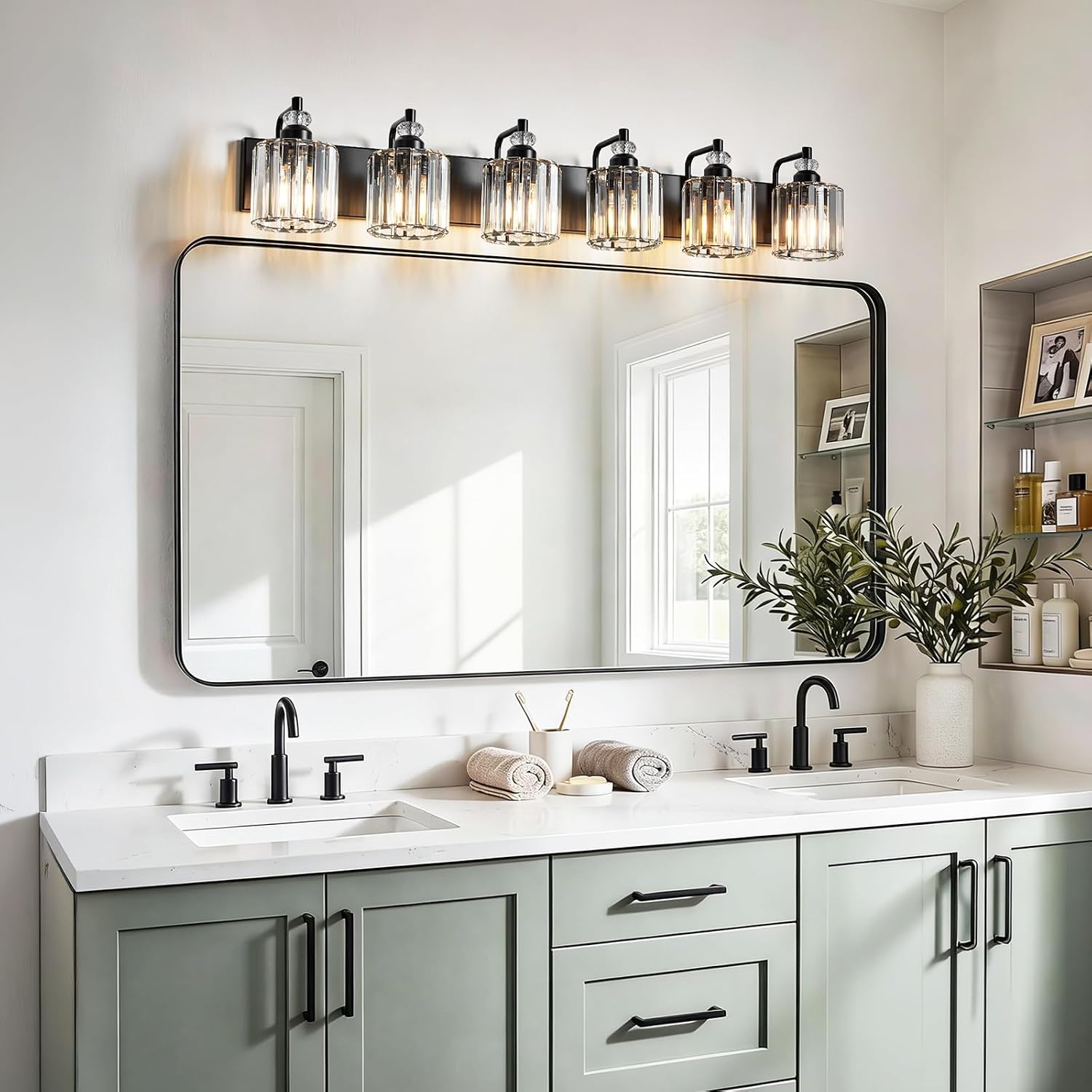 6-Light Black Bathroom Light Fixtures Over Mirror Modern Vanity Lights Crystal Wall Sconce Vintage Bathroom Lighting with Crystal Shade E26 Base for Bedroom, Living Room, Hallway