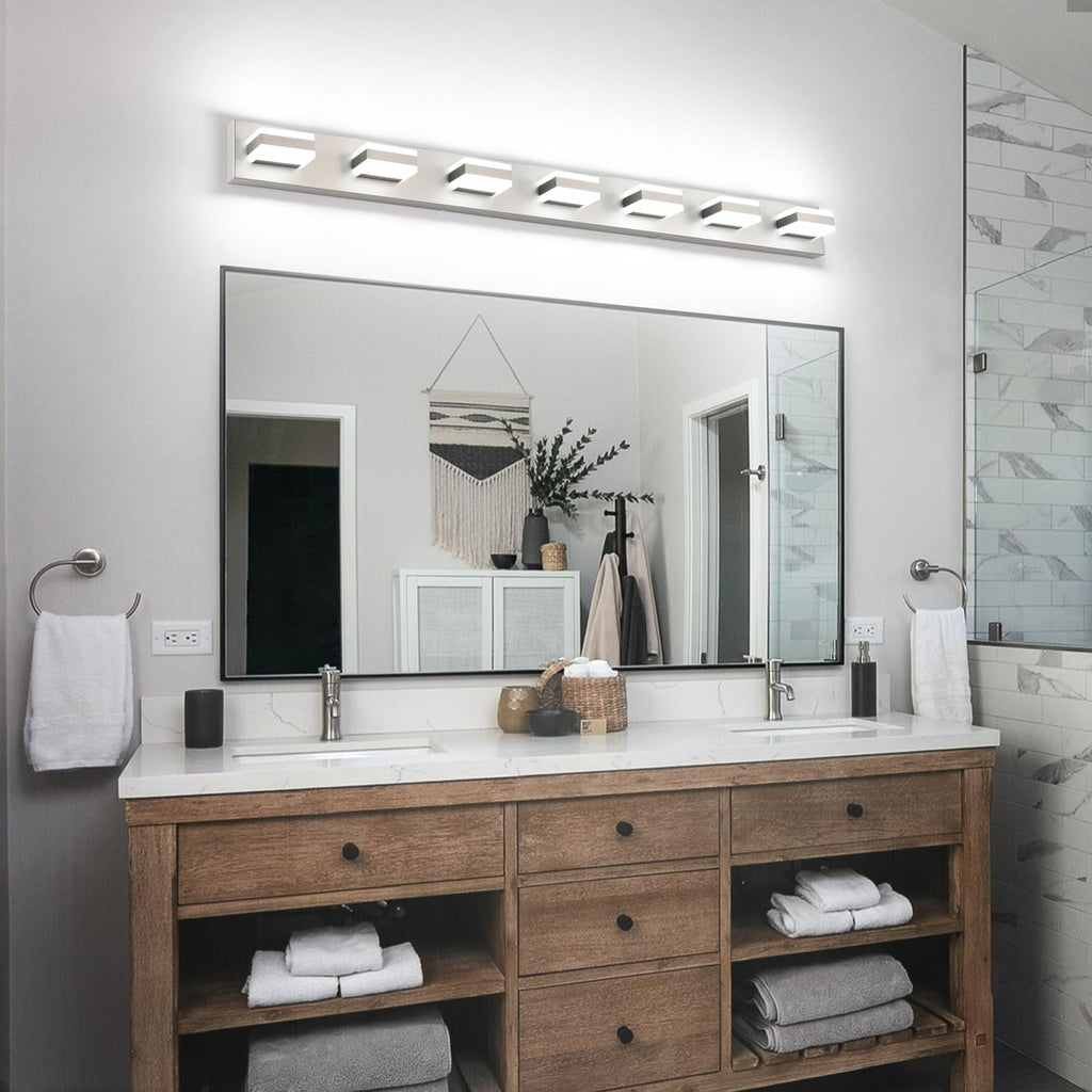 SOLFART Bathroom Vanity Lighting Over Mirror,7 Lights Brushed Nickel Vanity Light, Modern LED Light Fixtures,53 Inch for Bathroom
